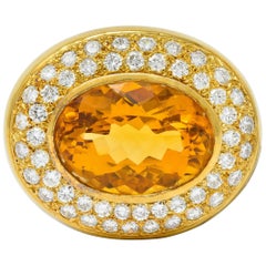 1960s Vintage Citrine Pave Diamond 18 Karat Gold Oval Brooch