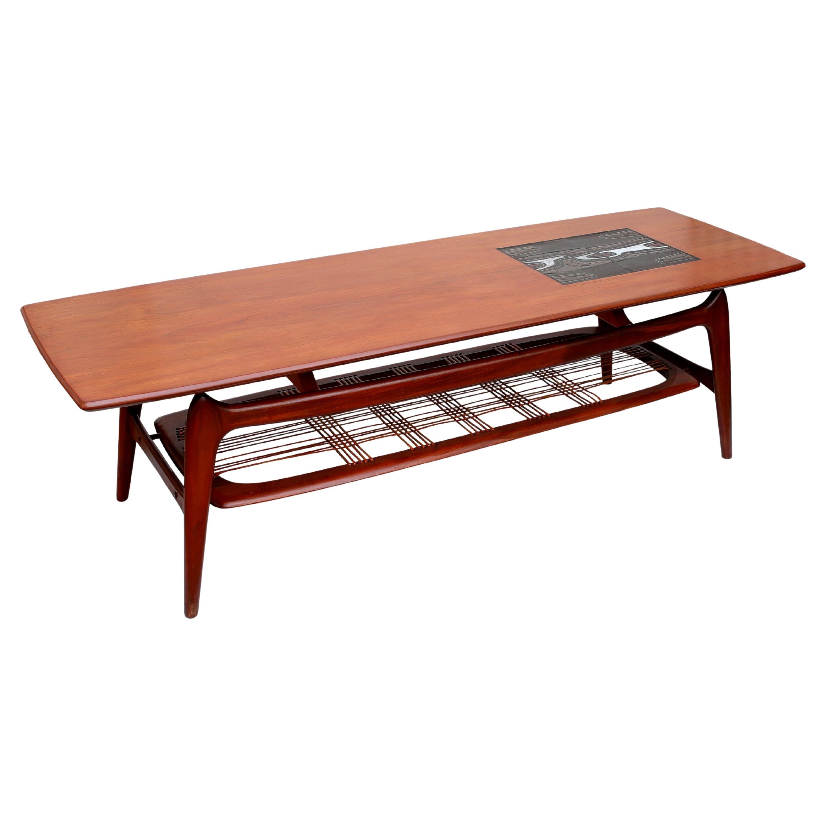 1960s vintage coffee table in teak wood and ceramic tiles by Louis van Teeffelen in vendita