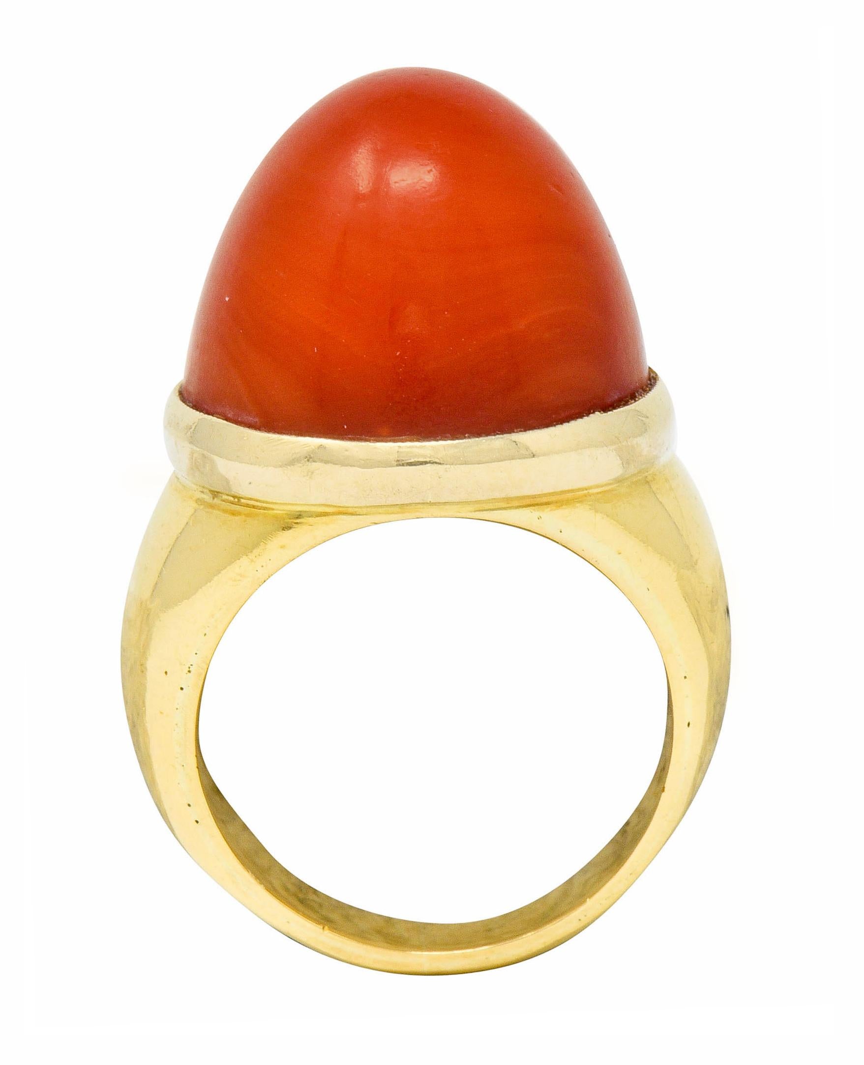 Women's or Men's 1960s Vintage Coral Cabochon 18 Karat Gold Statement Ring