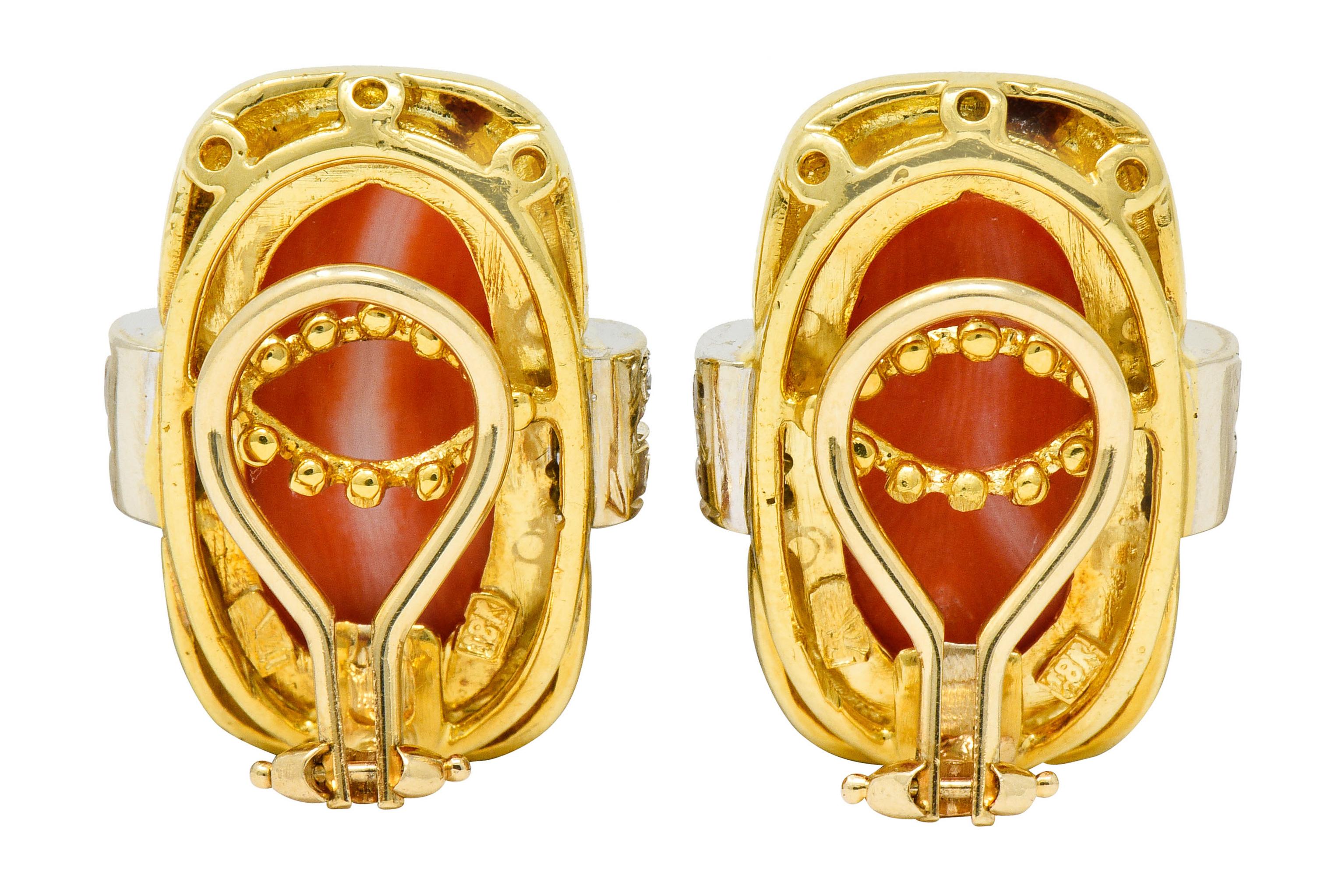 Contemporary 1960s Vintage Coral Diamond 18 Karat Gold Ear-Clip Earrings