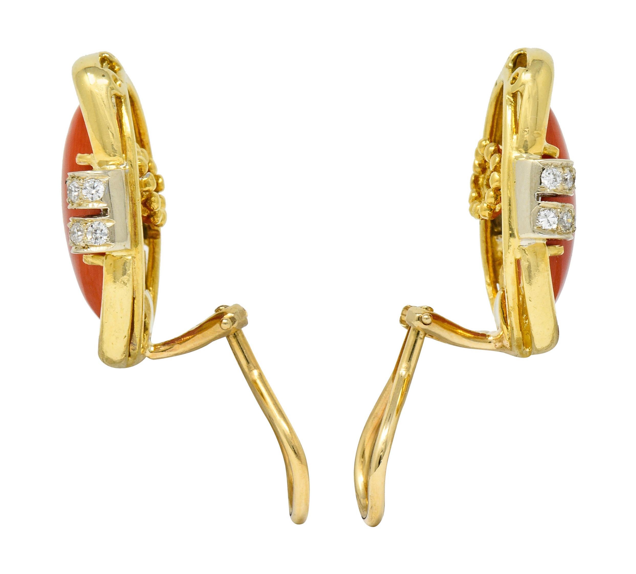 Contemporary 1960s Vintage Coral Diamond 18 Karat Gold Ear-Clip Earrings
