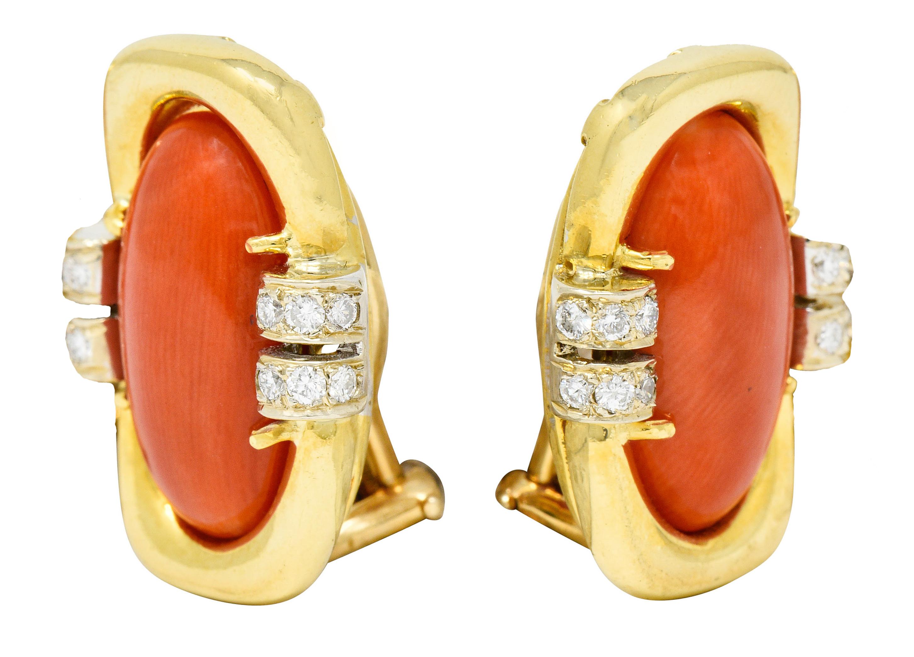 1960s Vintage Coral Diamond 18 Karat Gold Ear-Clip Earrings In Excellent Condition In Philadelphia, PA