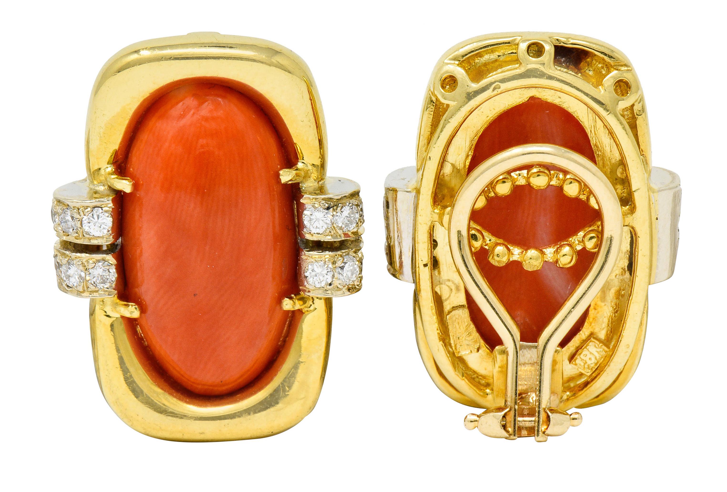 1960s Vintage Coral Diamond 18 Karat Gold Ear-Clip Earrings 1