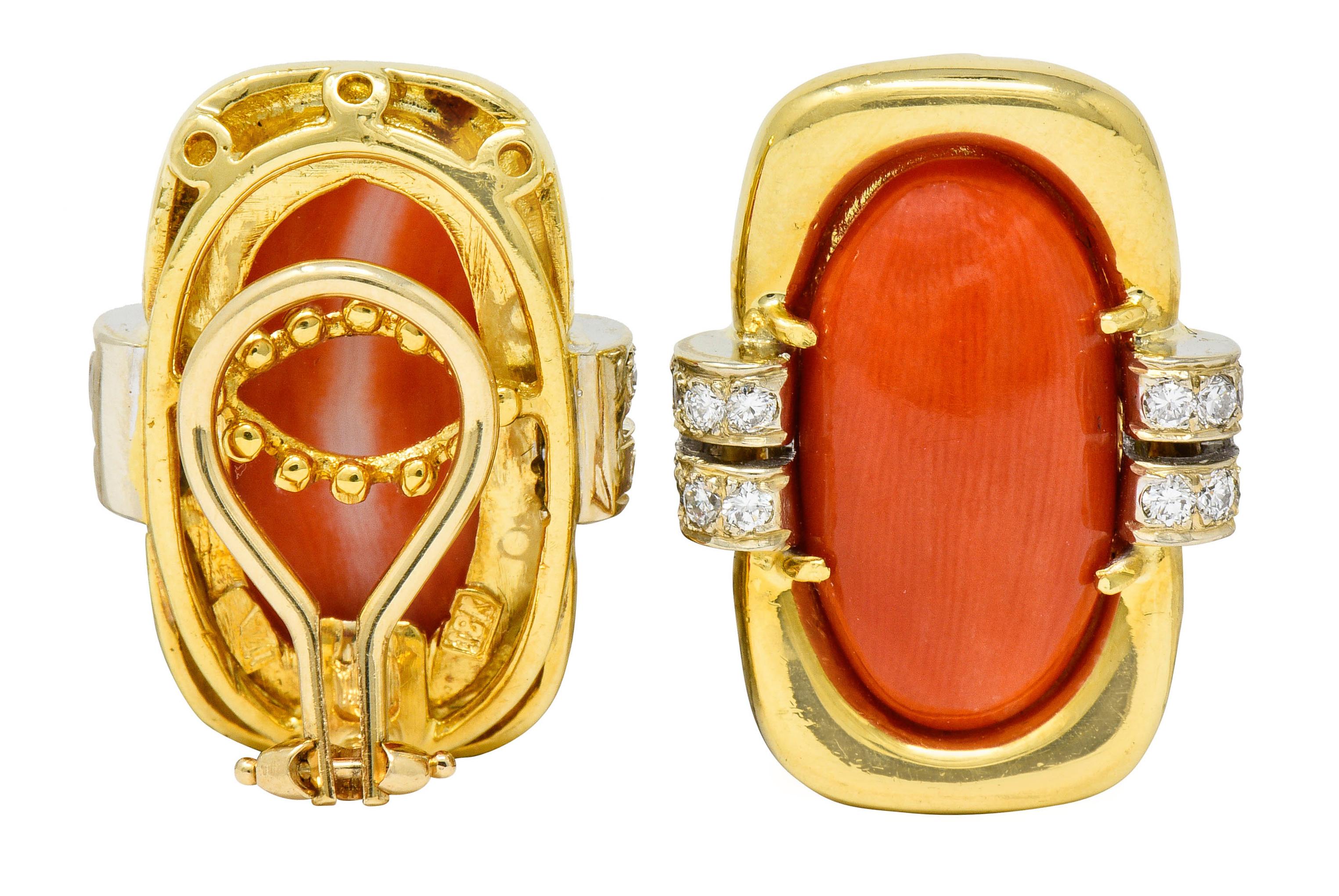 1960s Vintage Coral Diamond 18 Karat Gold Ear-Clip Earrings 1