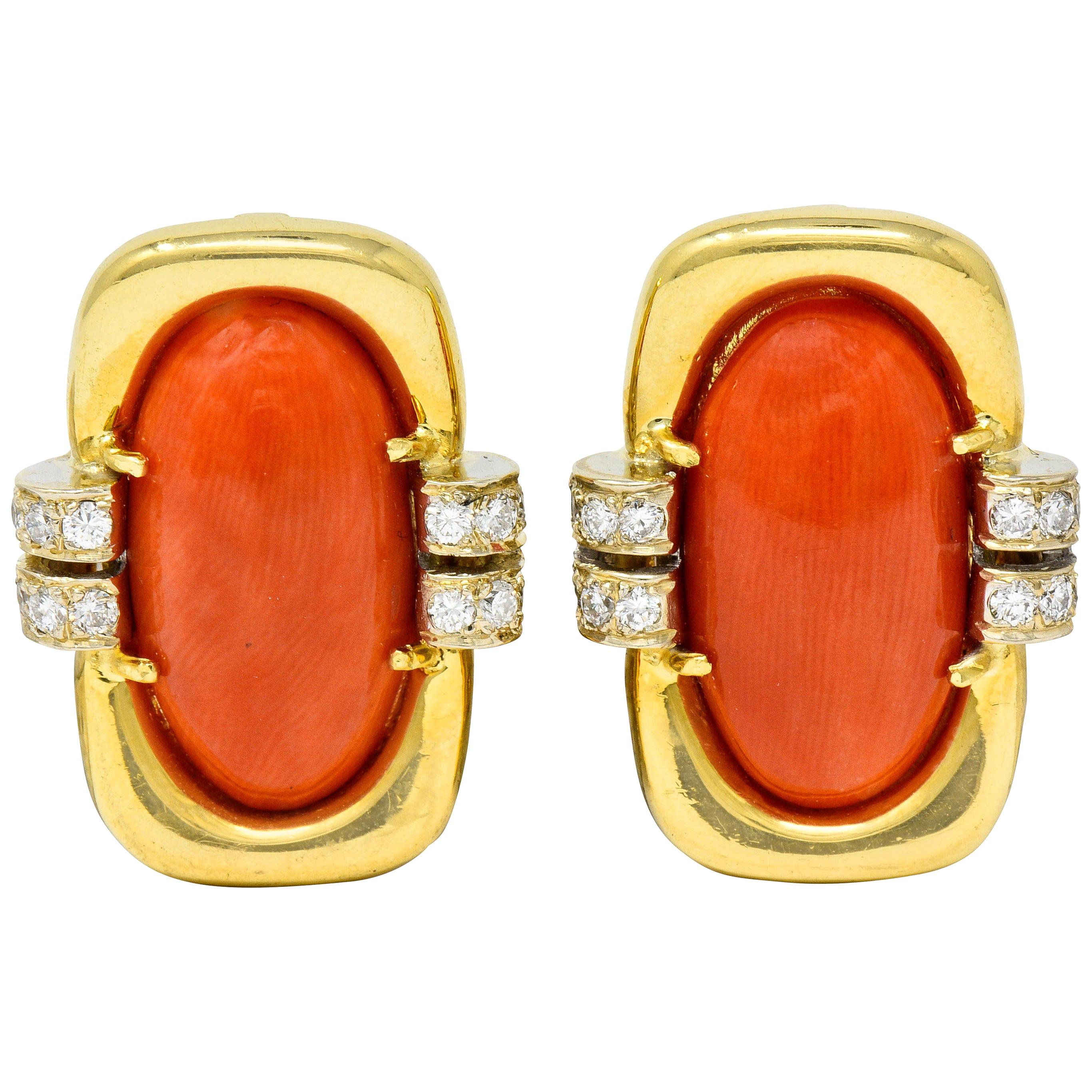1960s Vintage Coral Diamond 18 Karat Gold Ear-Clip Earrings