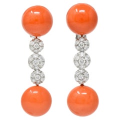 1960
s Vintage Coral Diamond 18 Karat White Gold Drop Earrings