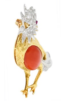 1960's Vintage Coral Pave Diamond Platinum 18 Karat Yellow Gold Cocktail Brooch