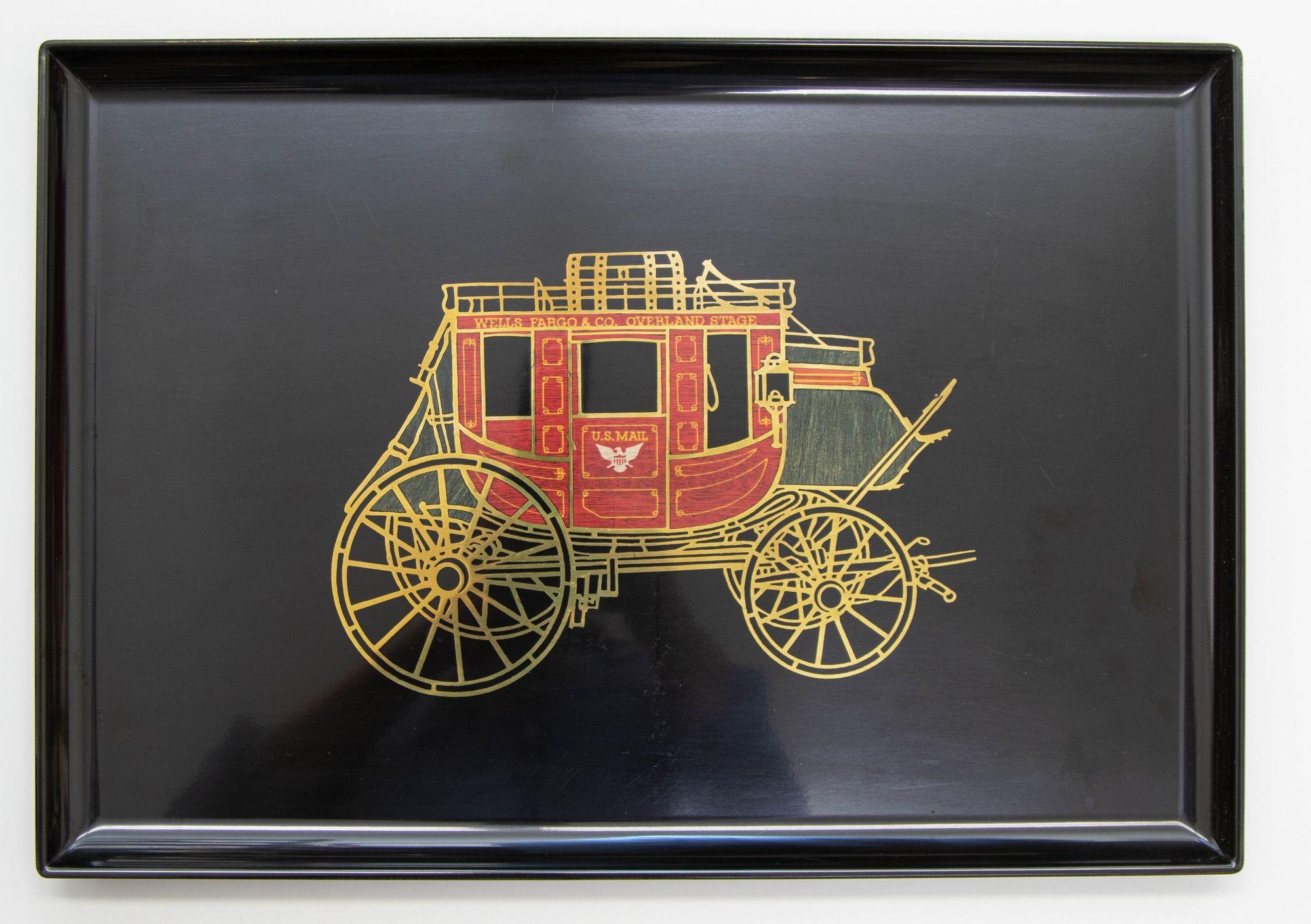 1960s Vintage Couroc of Monterey Black Resin Bakelite Like Tray Featuring the Wells Fargo Stagecoach.
Dimensions : Large 18