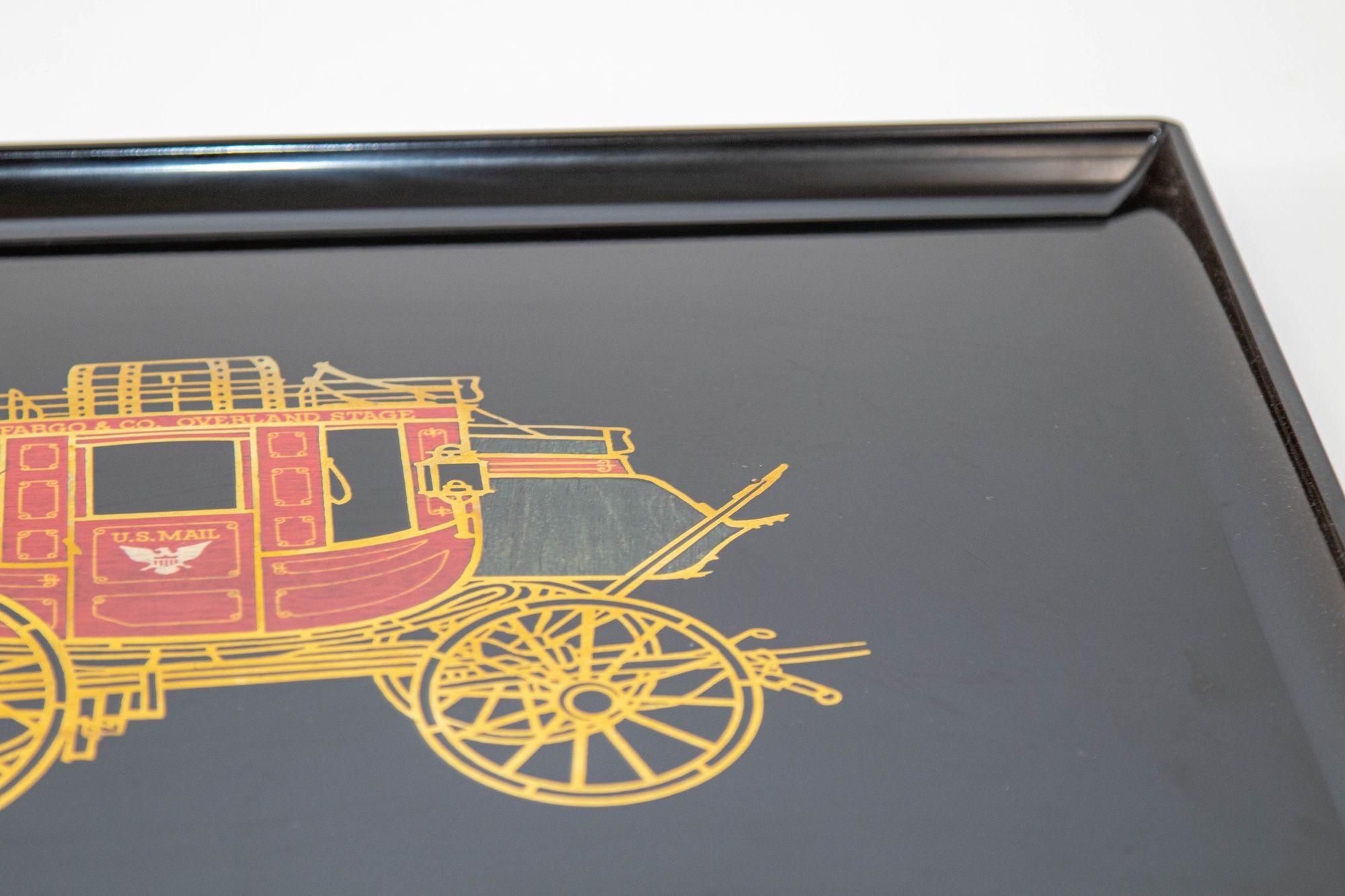 American 1960s Vintage Couroc of Monterey Black Tray Featuring the Wells Fargo Stagecoach For Sale