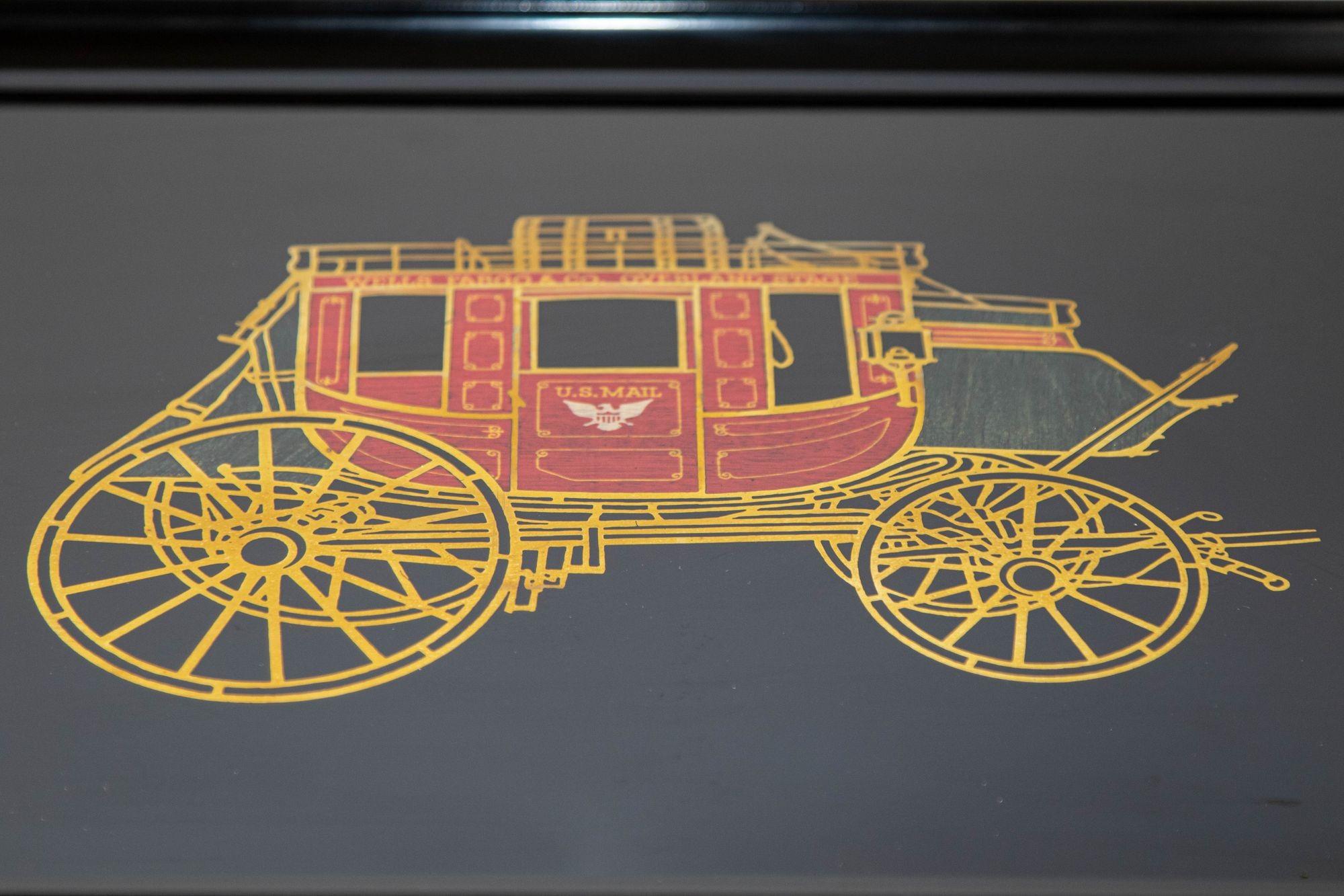 Hand-Crafted 1960s Vintage Couroc of Monterey Black Tray Featuring the Wells Fargo Stagecoach For Sale