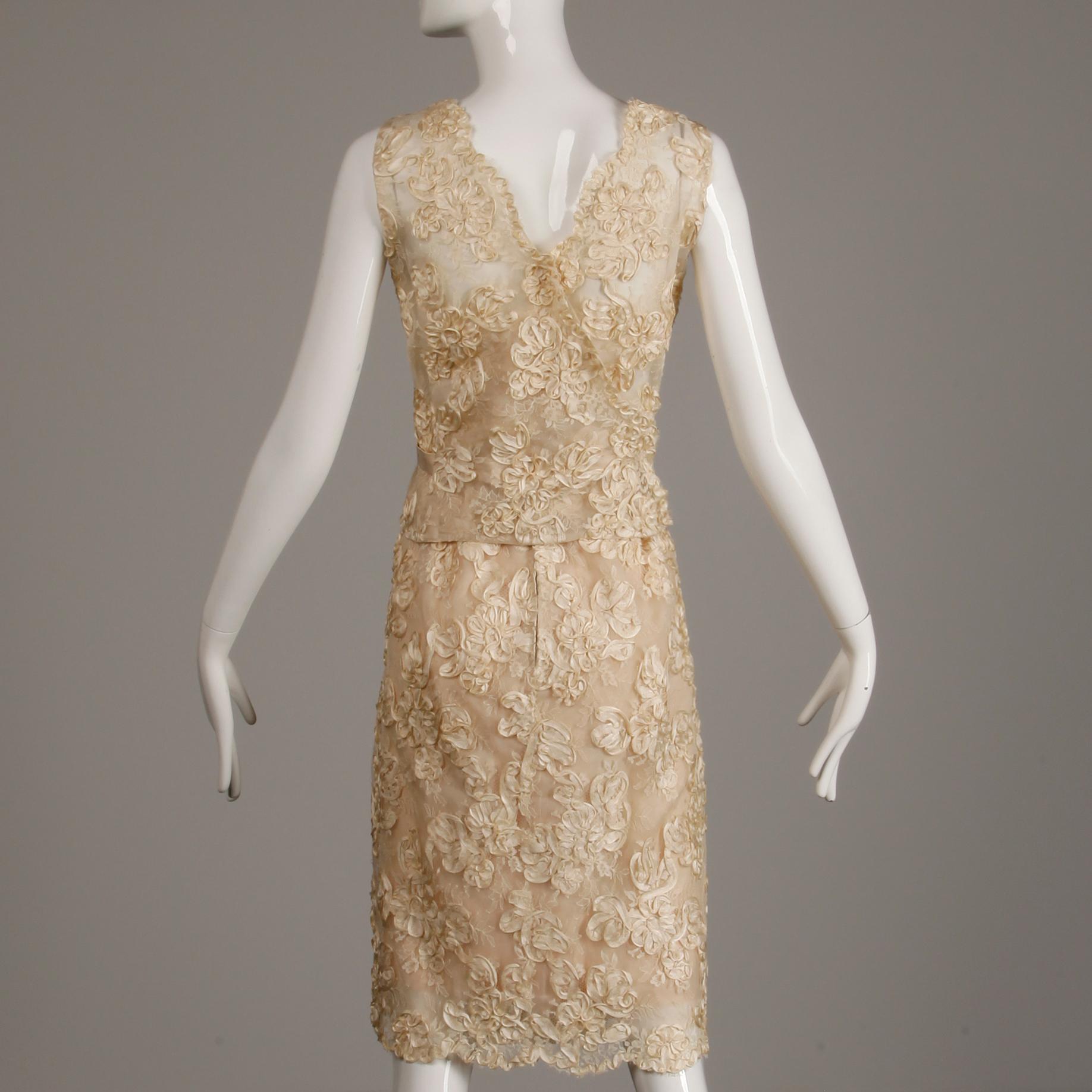 Women's 1960s Vintage Cream/ Off White Silk Soutache Lace Top/ Skirt Ensemble or Dress For Sale