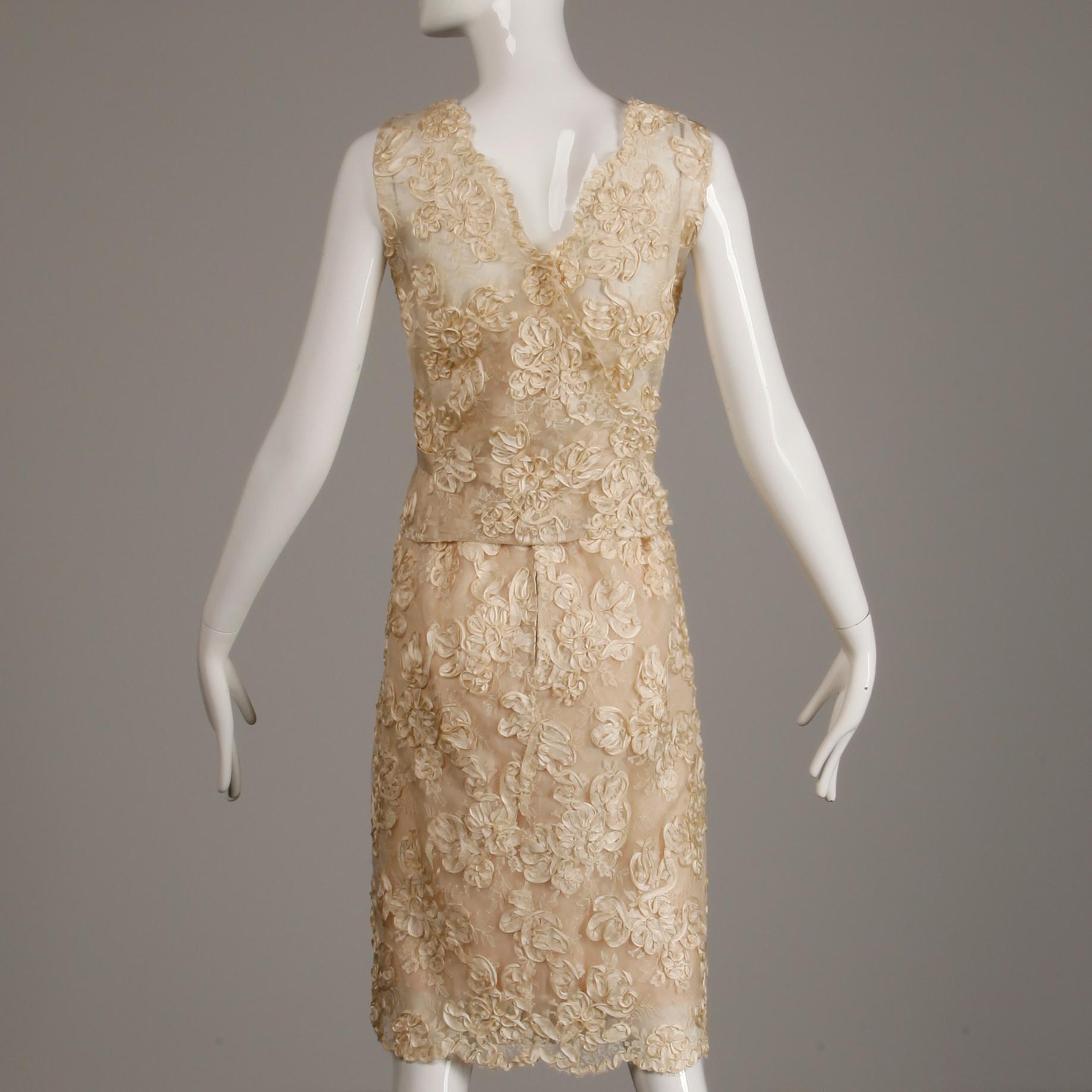 Women's 1960s Vintage Cream/ Off White Silk Soutache Lace Top/ Skirt Ensemble or Dress