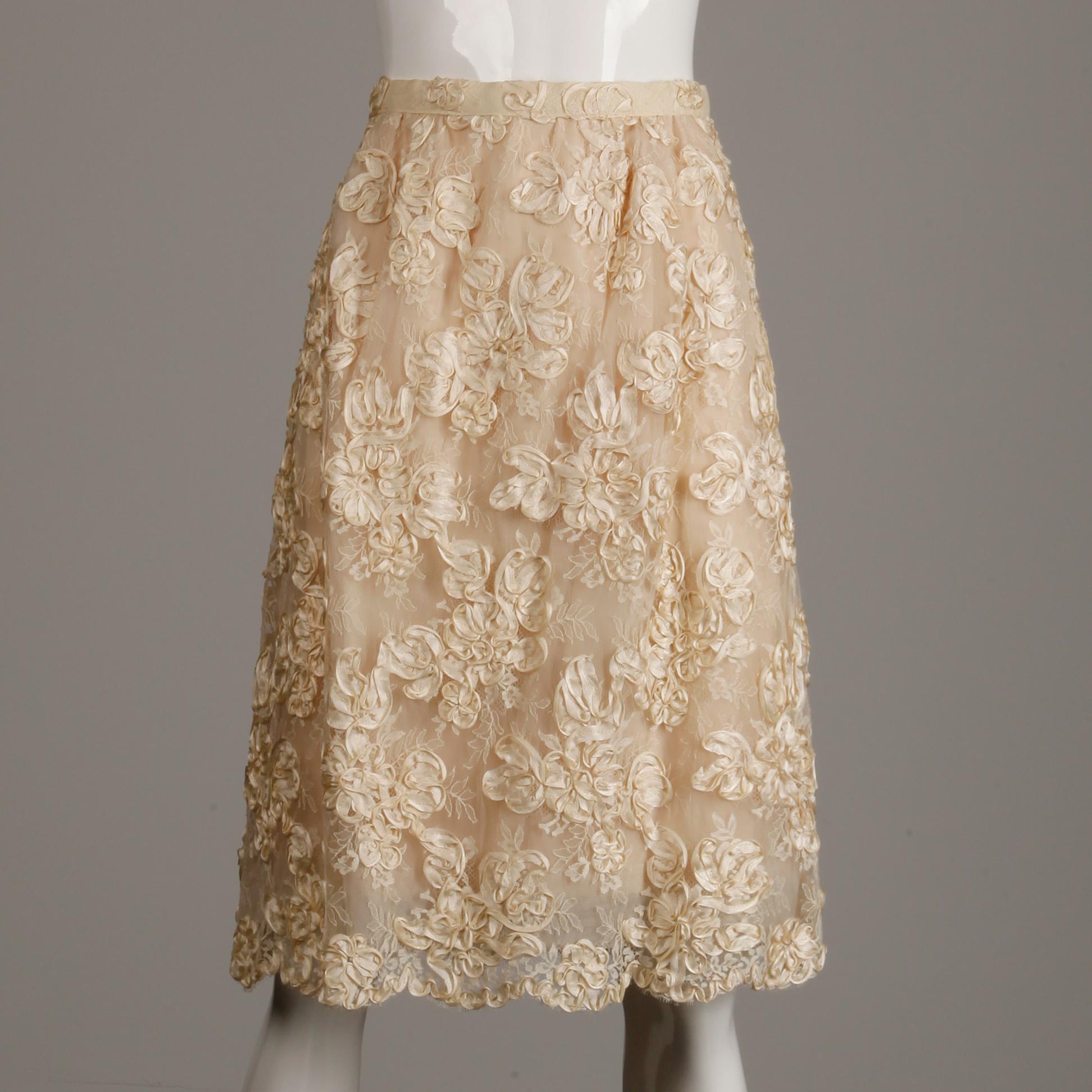 1960s Vintage Cream/ Off White Silk Soutache Lace Top/ Skirt Ensemble or Dress For Sale 1