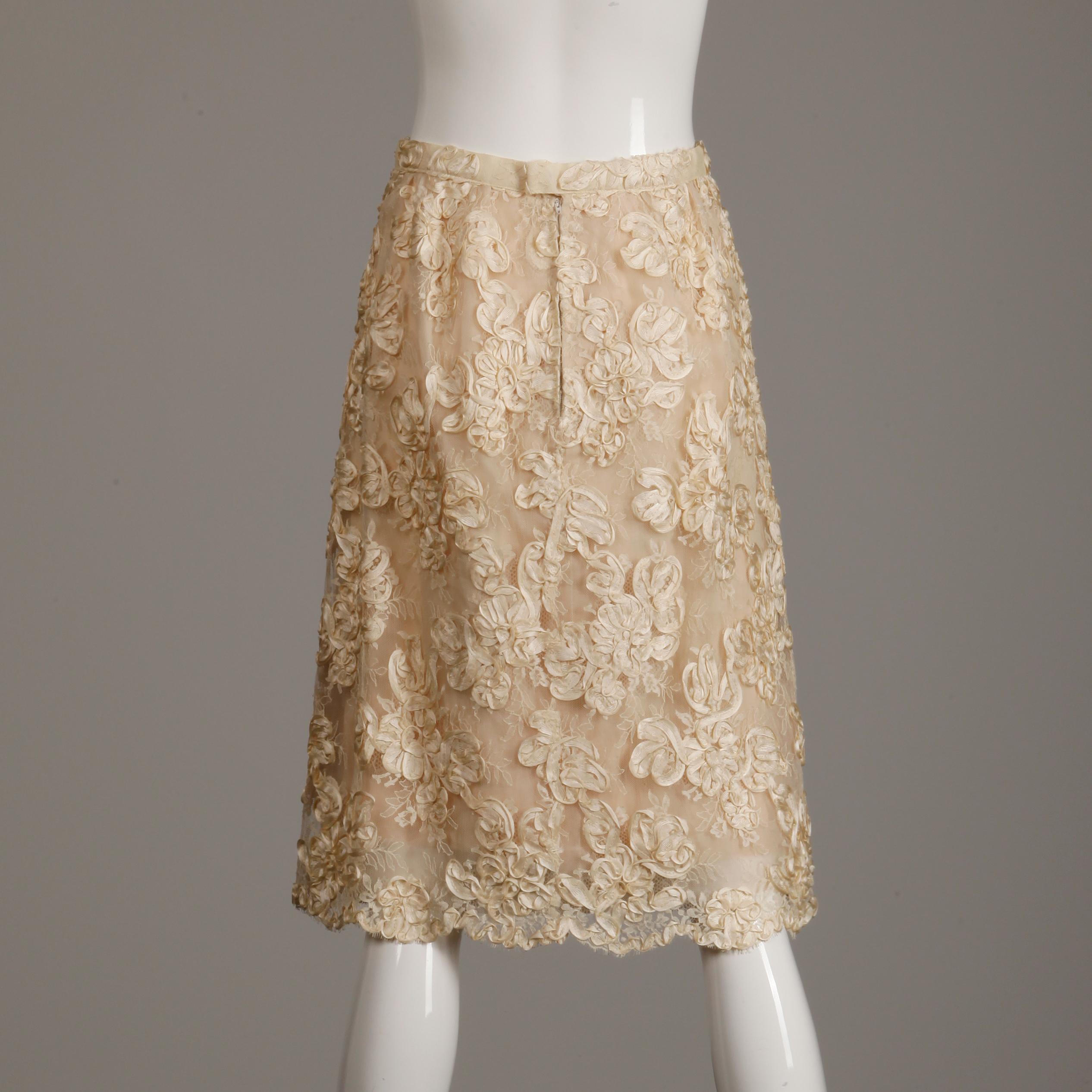 1960s Vintage Cream/ Off White Silk Soutache Lace Top/ Skirt Ensemble or Dress For Sale 2