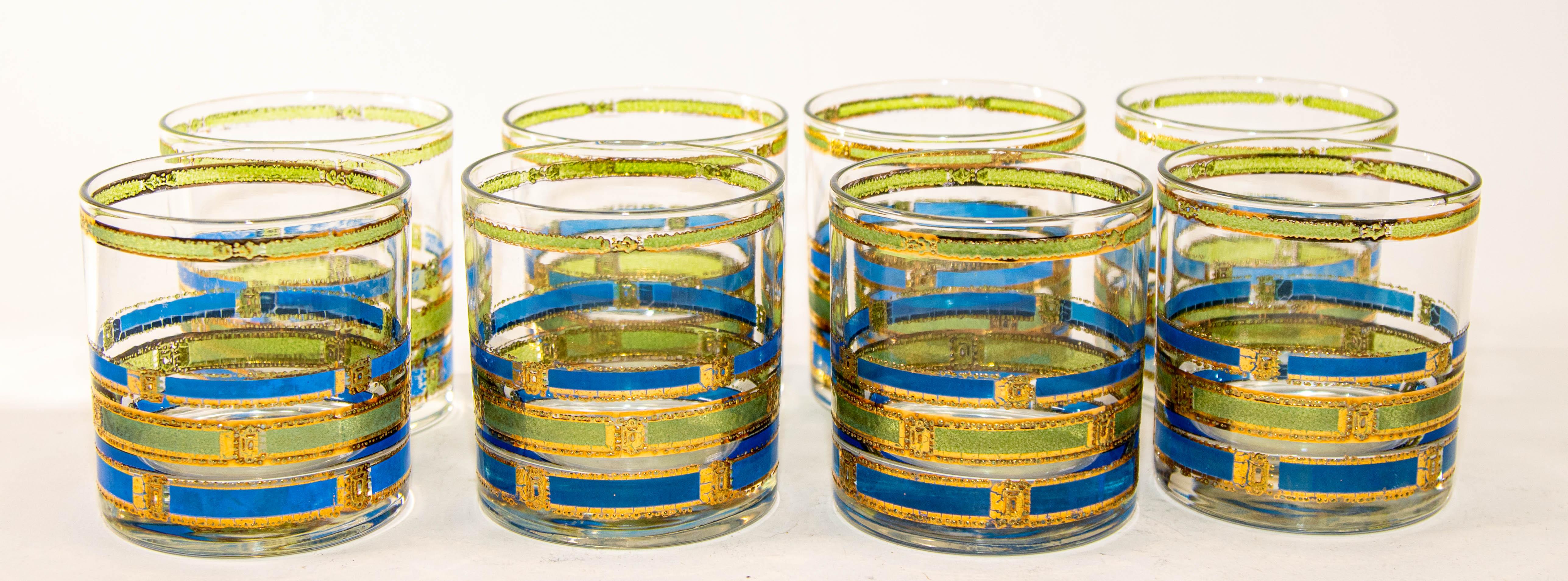 1960s Vintage Culver Ltd Empress Set of Eight Rock Glasses Blue and Gold 4