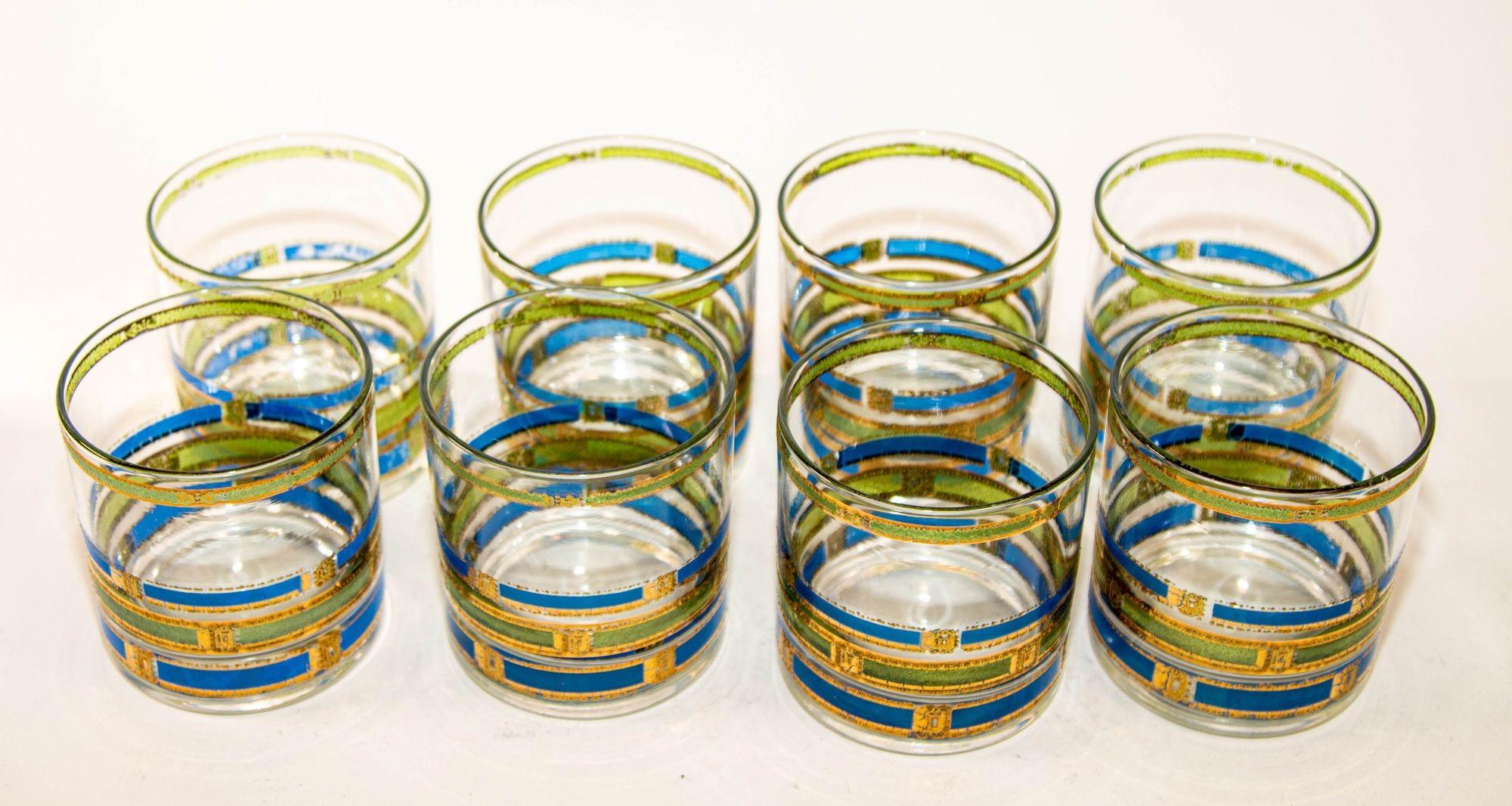 Vintage Set of Eight Rock Glasses Blue, Green and Gold by Culver Ltd.
1960s Culver 