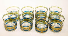 1960s Vintage Culver Ltd Empress Set of Eight Rock Glasses Blue and Gold