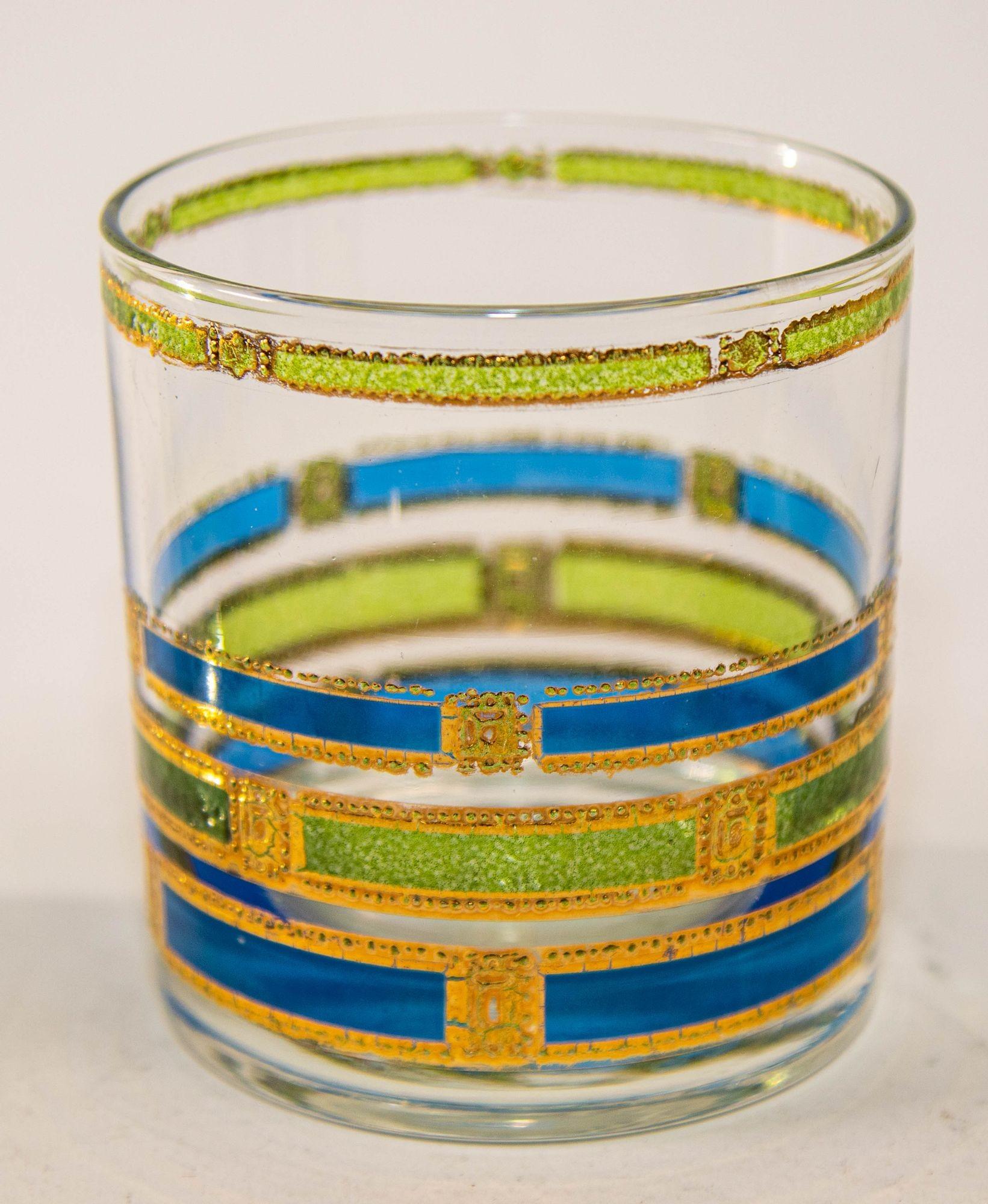 Appliqué 1960s Vintage Culver Ltd Empress Set of Eight Rock Glasses Blue and Gold