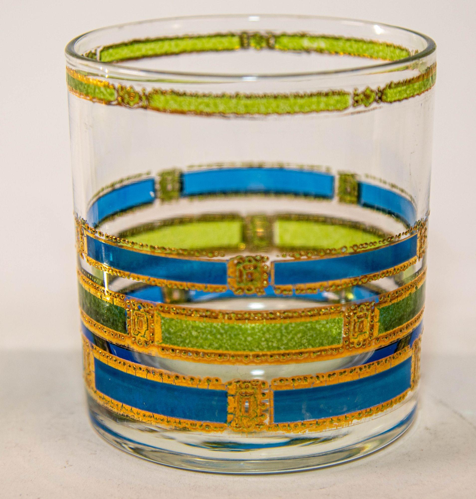 1960s Vintage Culver Ltd Empress Set of Eight Rock Glasses Blue and Gold 1