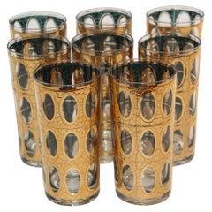 1960s Retro Culver "Pisa" Crackled 22k Gold Highball Tumbler Glasses Set of 8
