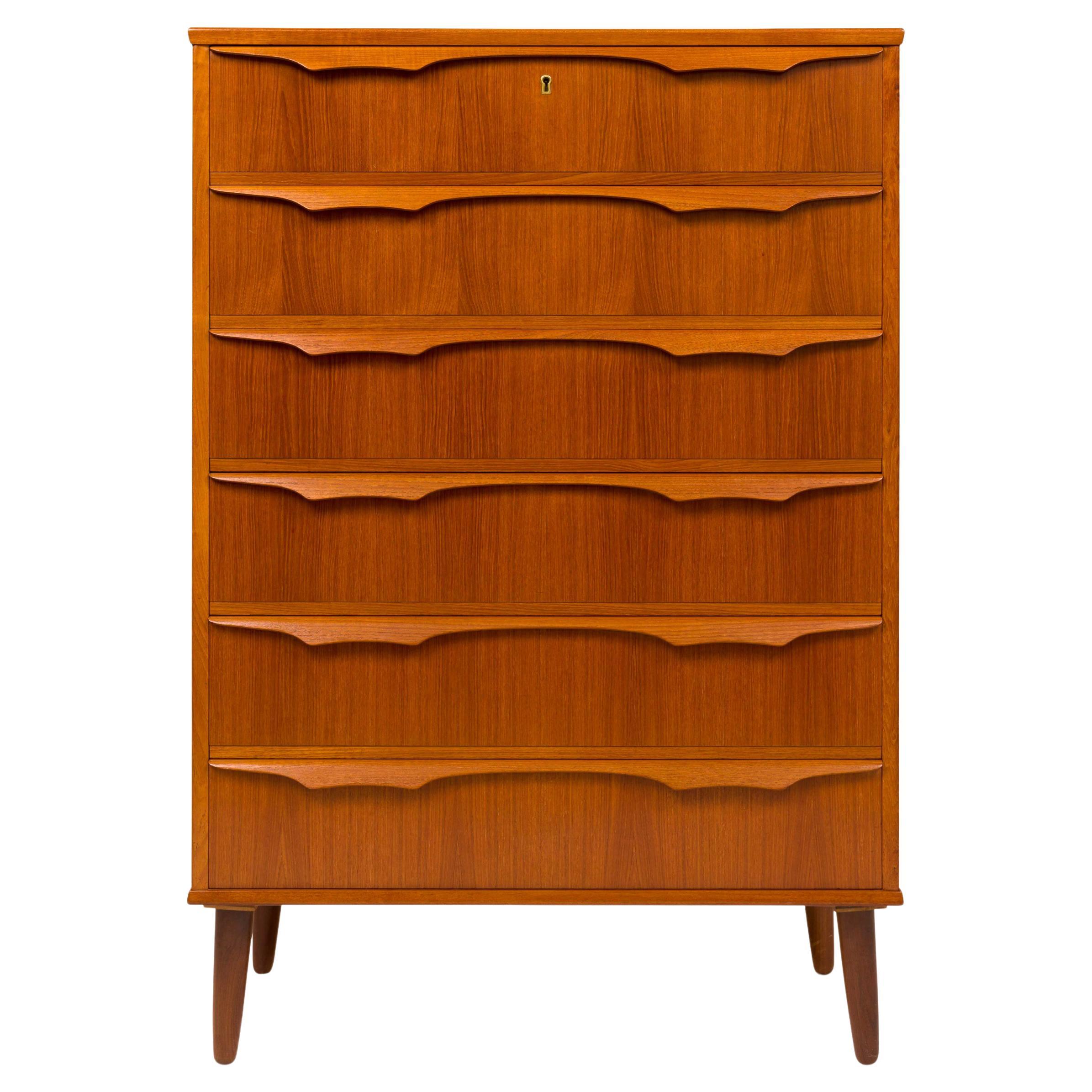 1960s Vintage Danish Mid-Century Teak Six Drawer Tallboy Dresser For Sale