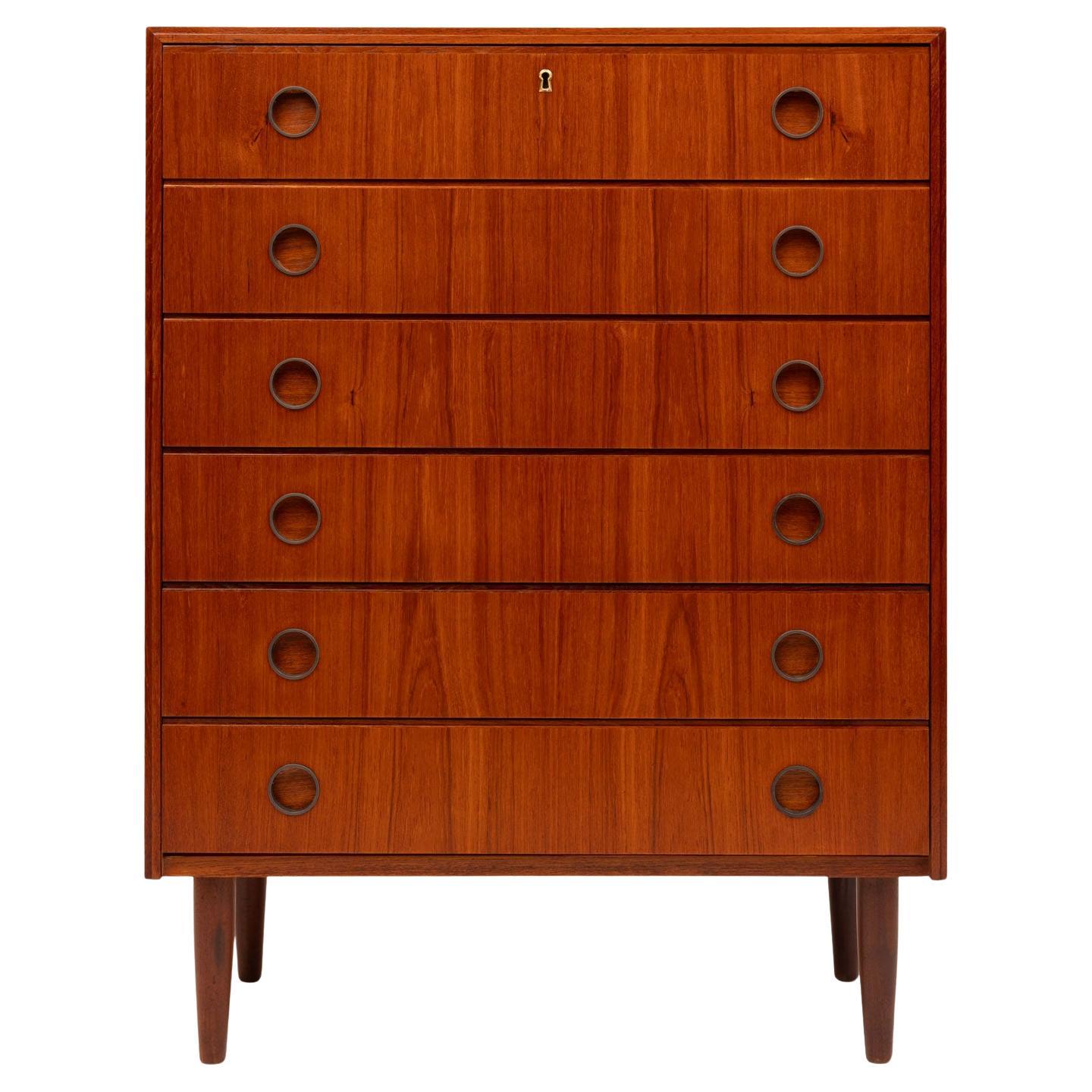 Commode haute danoise du milieu du siècle en teck à six tiroirs, années 1960