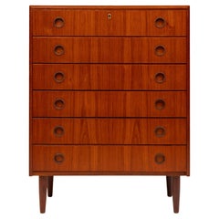 Commode haute danoise du milieu du siècle en teck à six tiroirs, années 1960