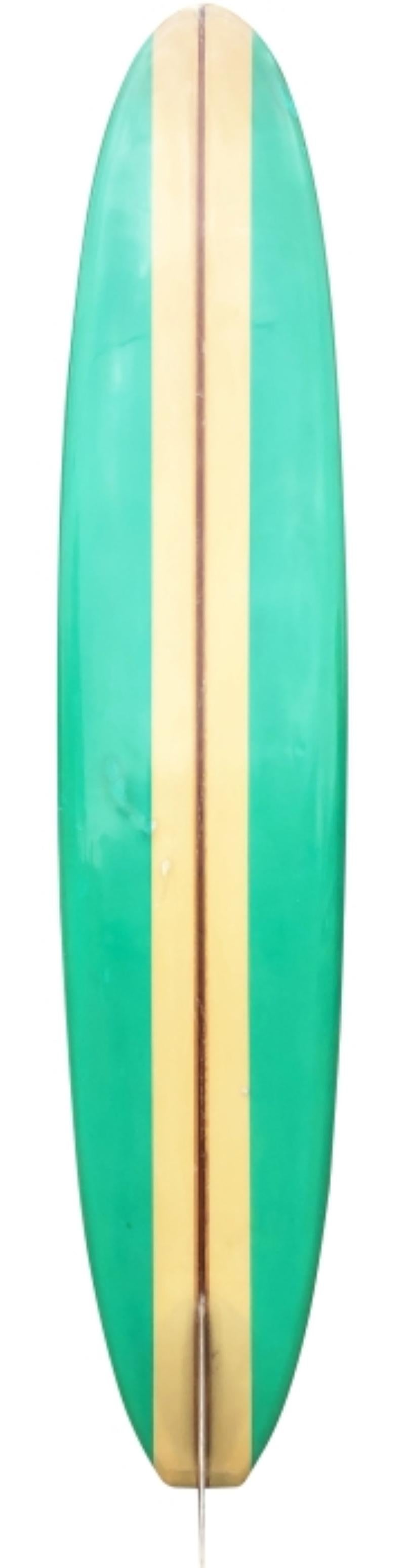 Early 1960s Dave Sweet custom longboard made in Santa Monica, California. Shaped by the late surfing Pioneer, Dave Sweet, (1929-2015). Features beautiful seafoam green panels with reverse T-band stringer design. Finished with a remarkable 11-piece
