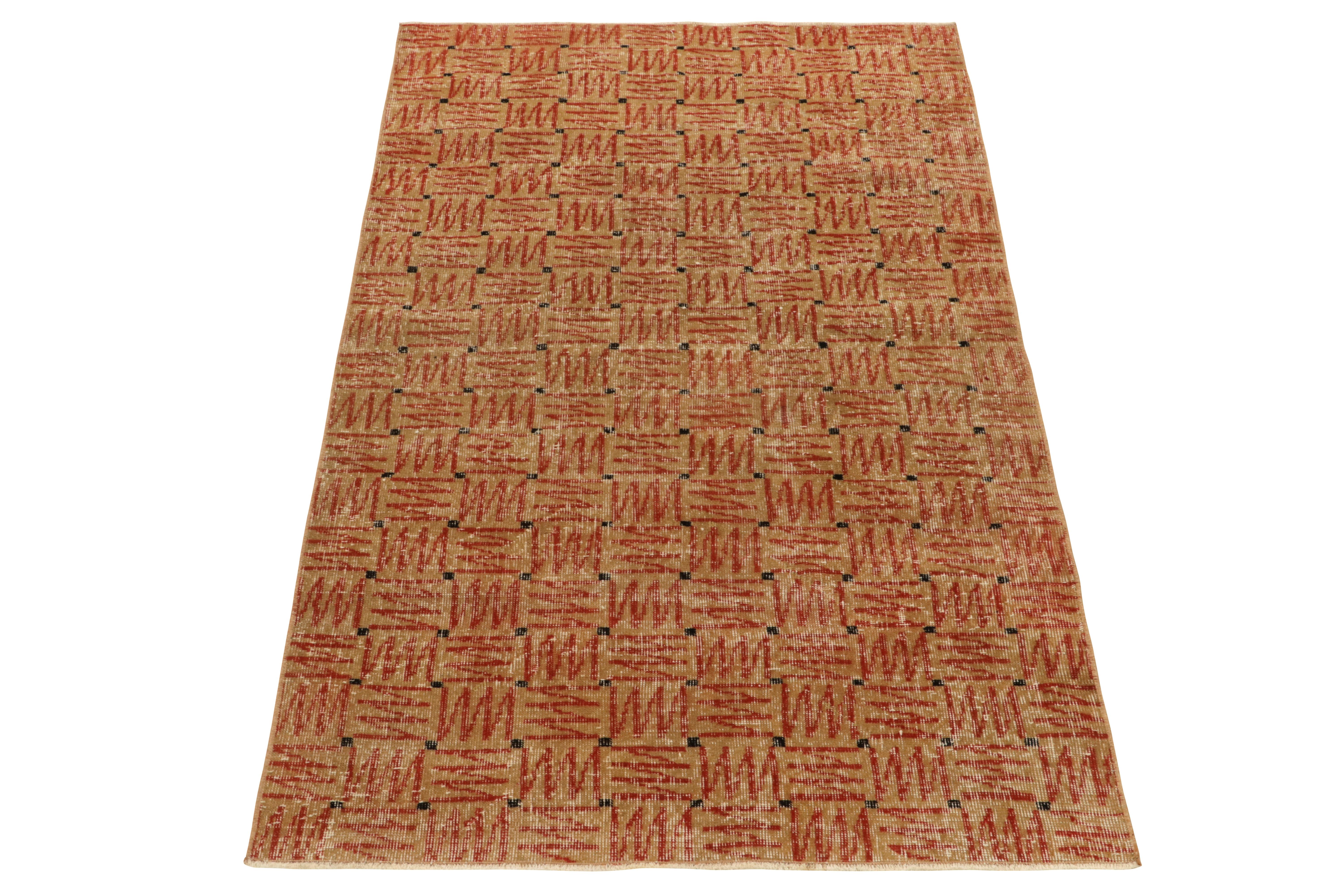 Hand-knotted in wool from Turkey circa 1960-1970, a vintage 4x6 distressed runner from an innovative Turkish atelier. Among the discerning curations joining Rug & Kilim’s commemorative Mid-Century Pasha Collection. 

The graphic piece seemingly