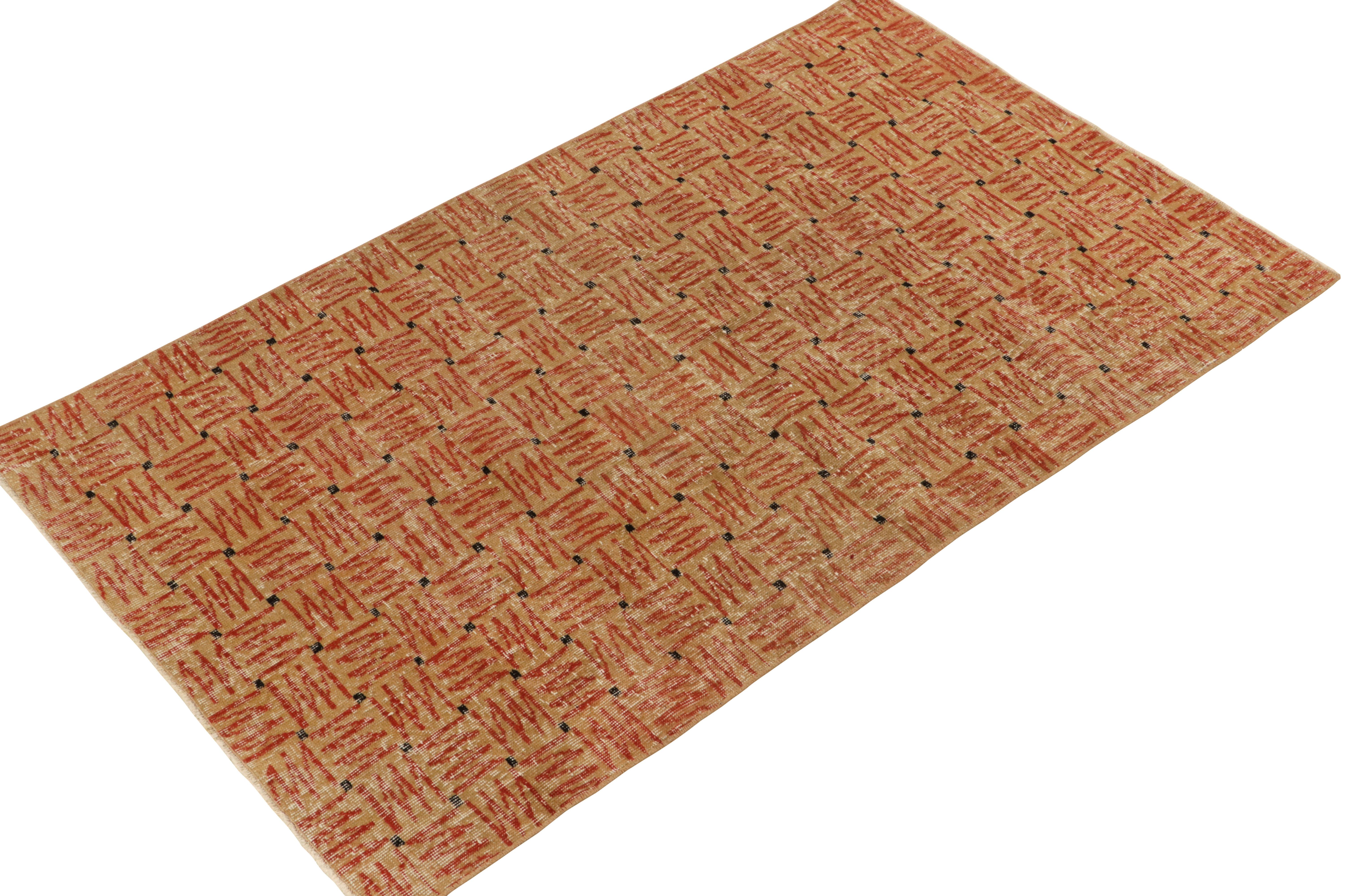 Art Deco 1960s Vintage Deco Rug in Beige-Brown and Red Geometric Patterns, by Rug & Kilim For Sale