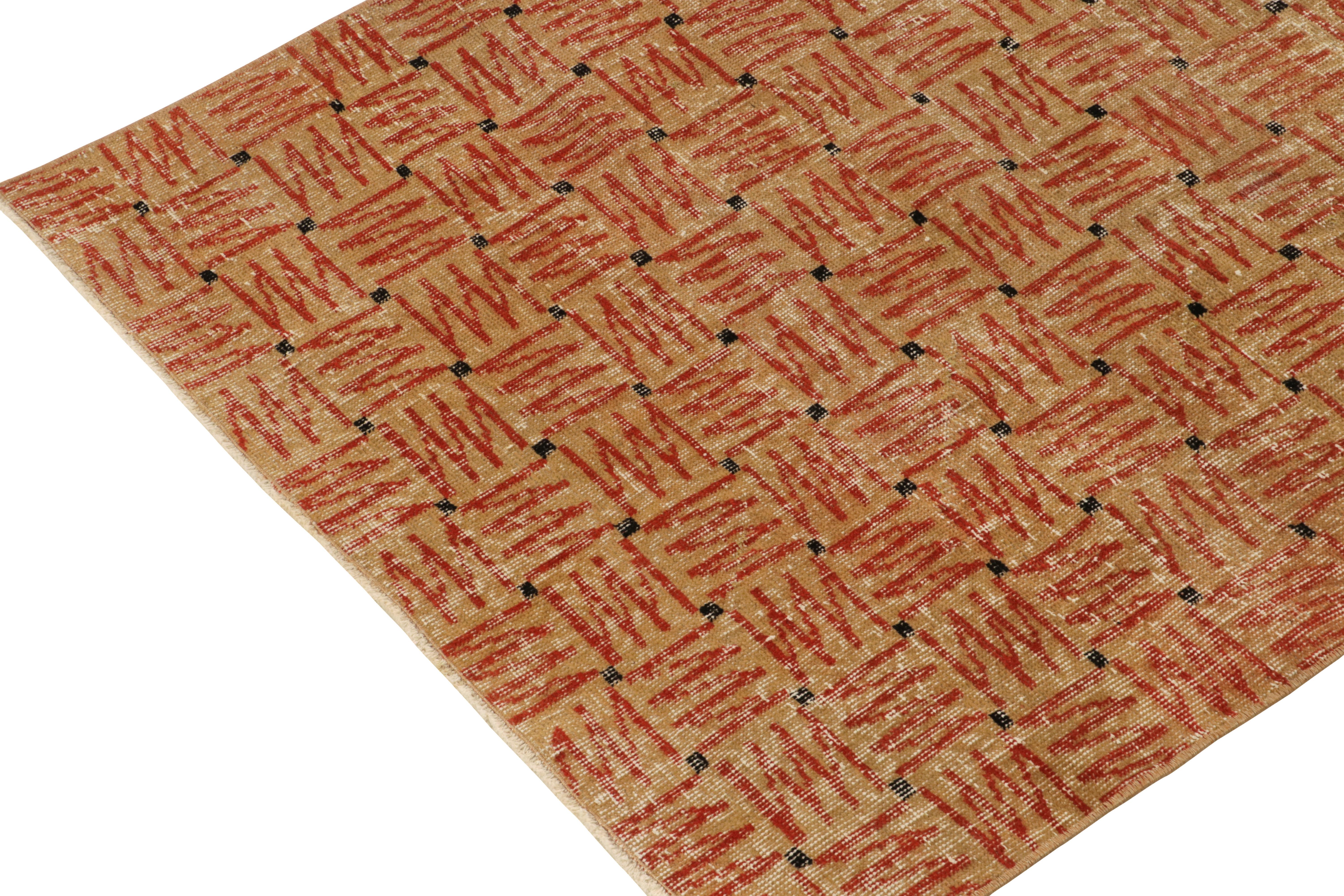 Turkish 1960s Vintage Deco Rug in Beige-Brown and Red Geometric Patterns, by Rug & Kilim For Sale