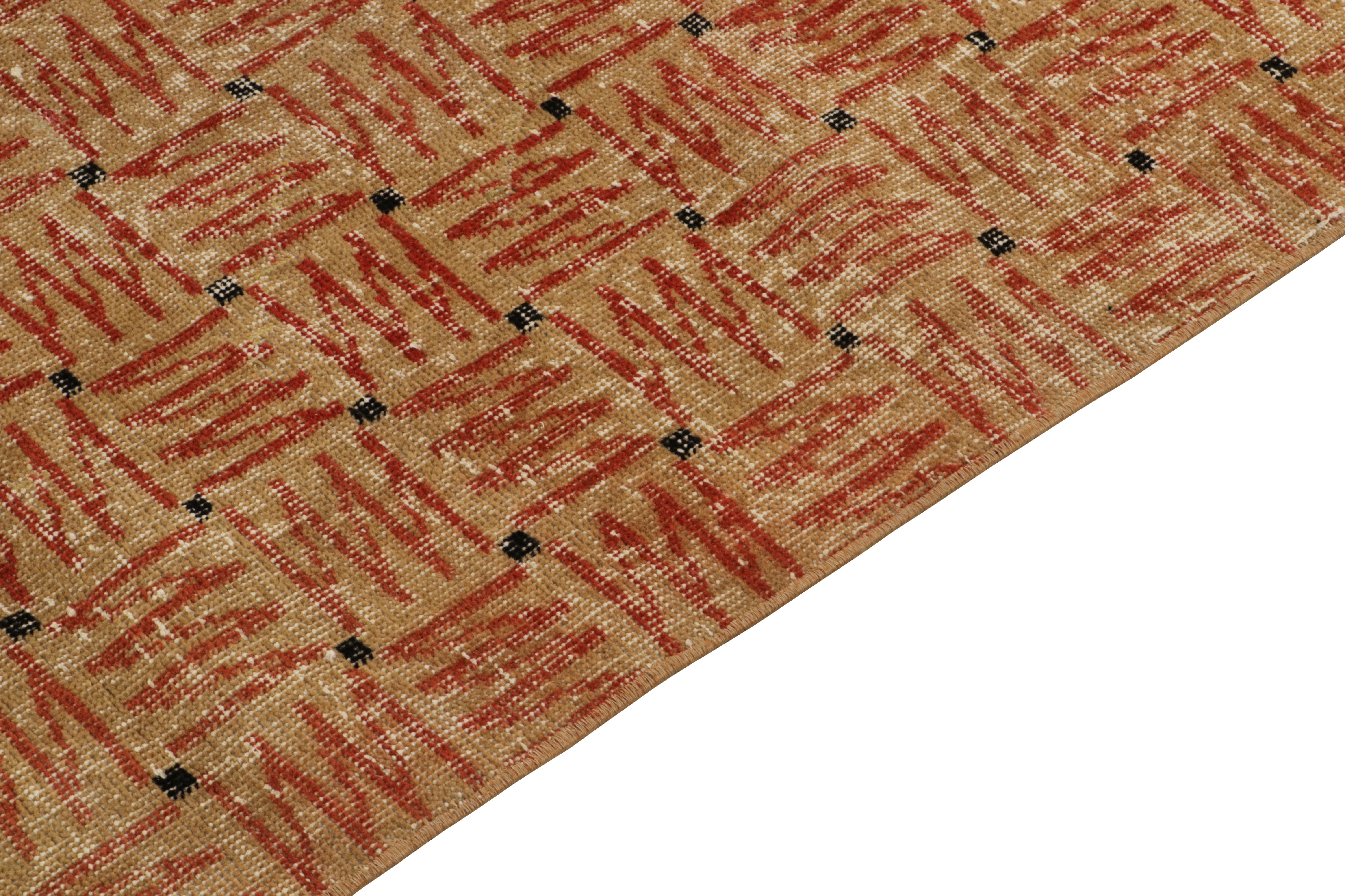 Hand-Knotted 1960s Vintage Deco Rug in Beige-Brown and Red Geometric Patterns, by Rug & Kilim For Sale