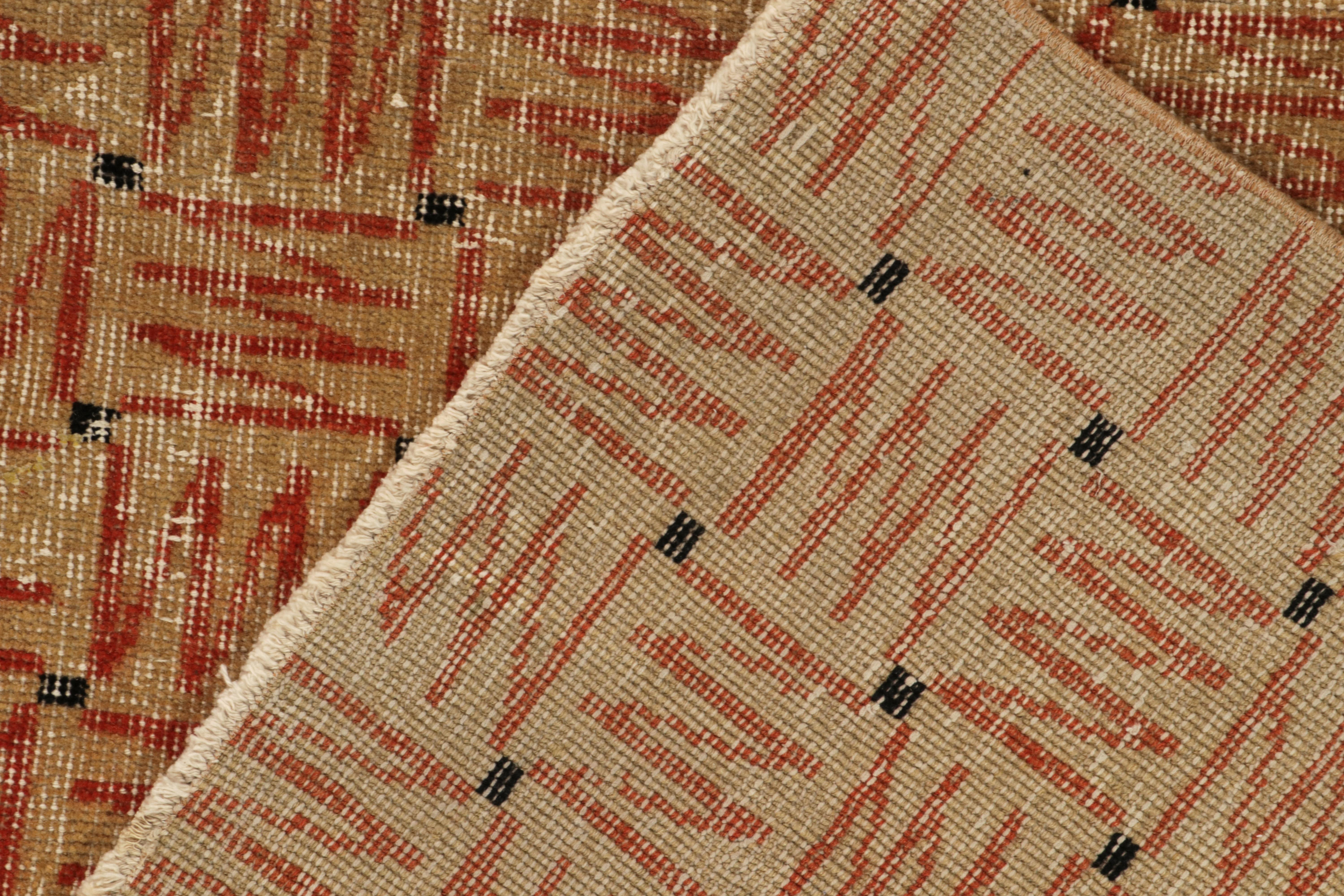 1960s Vintage Deco Rug in Beige-Brown and Red Geometric Patterns, by Rug & Kilim In Good Condition For Sale In Long Island City, NY