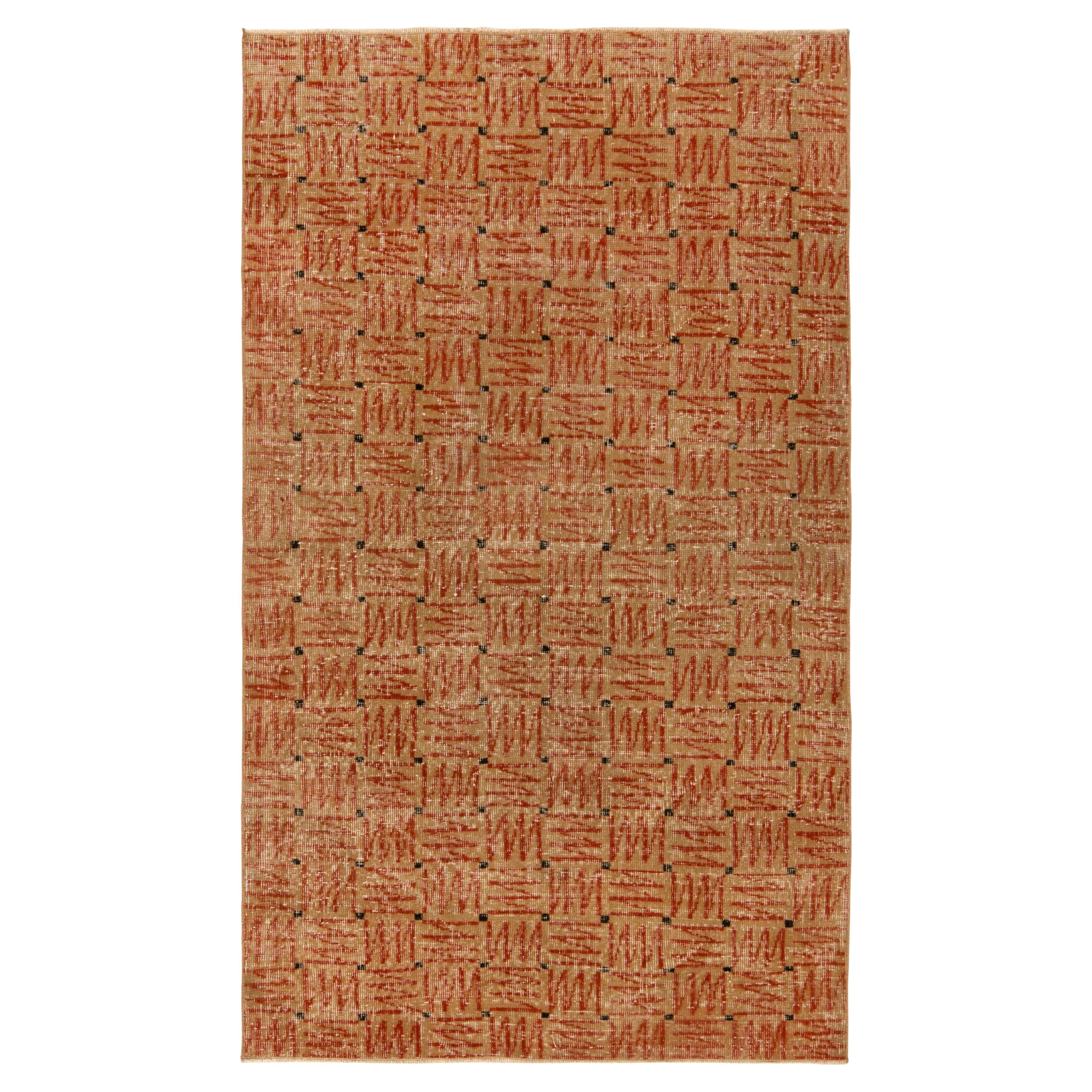 1960s Vintage Deco Rug in Beige-Brown and Red Geometric Patterns, by Rug & Kilim