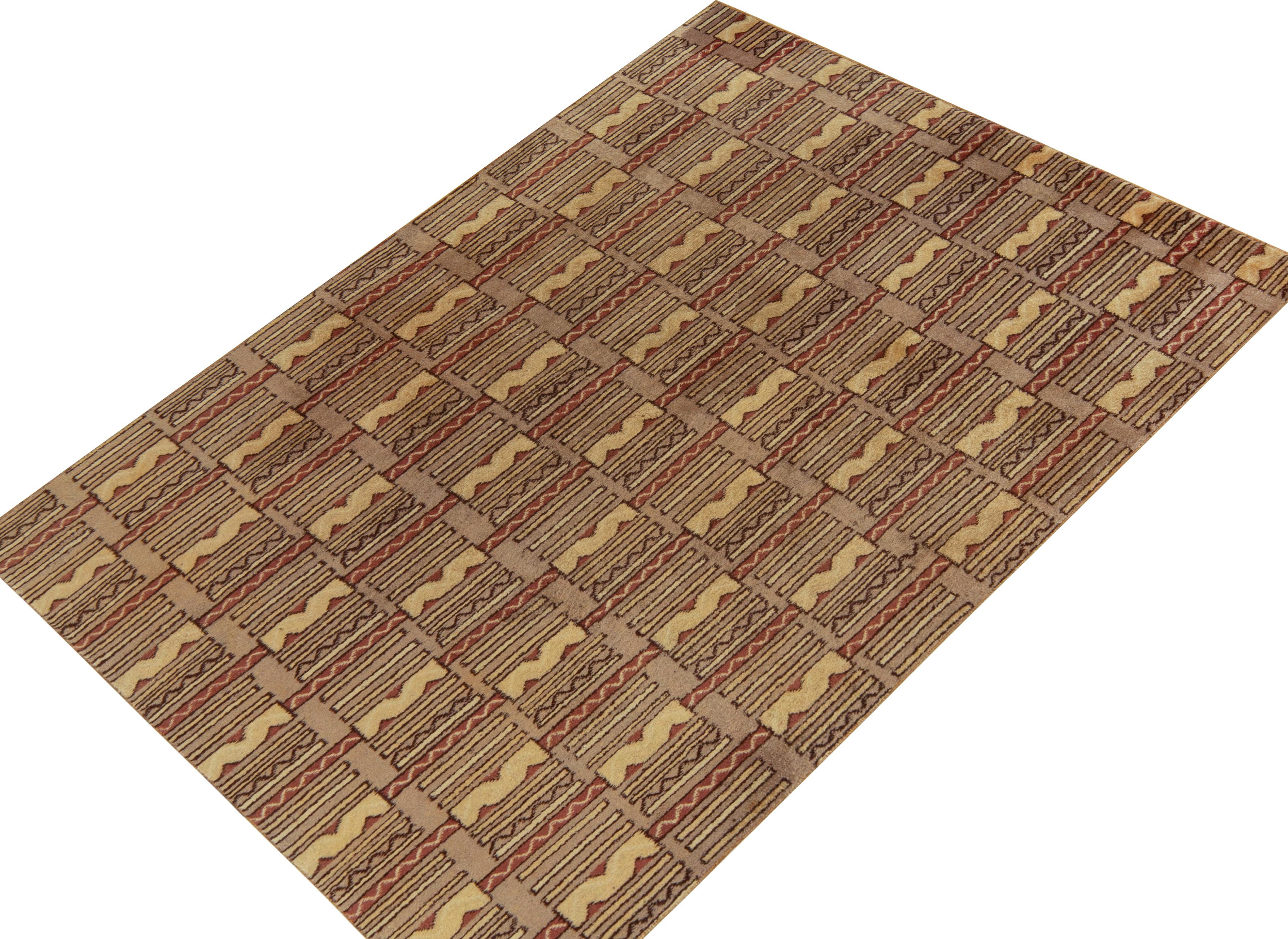 Hand-knotted in wool, a 6x7 vintage rug from a bold Turkish designer, entering Rug & Kilim’s commemorative Mid-Century Pasha Collection. 

The 1960s take on deco style relishes a geometric pattern in rust red against 
beige-brown & mild camel