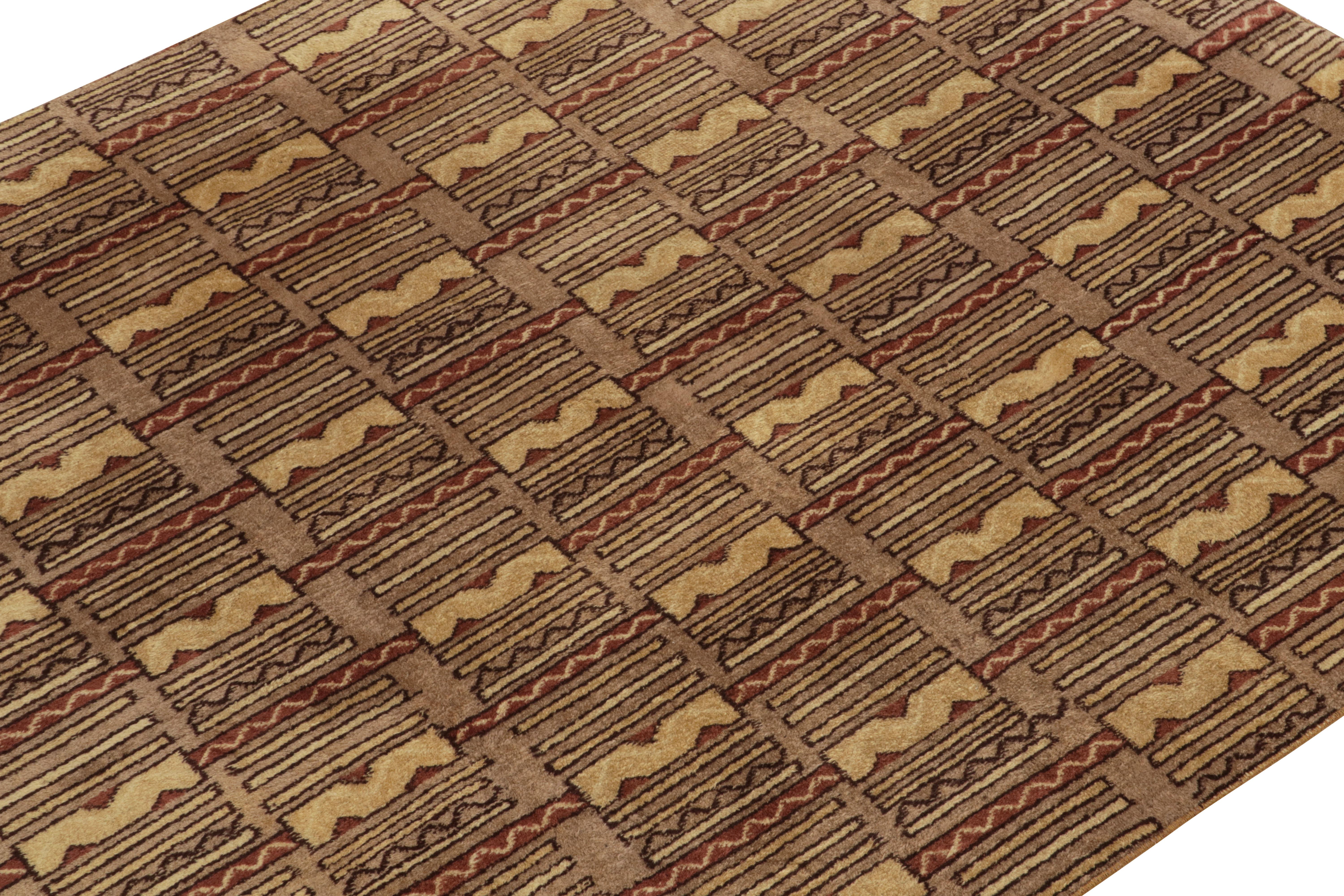 Turkish 1960s Vintage Deco Rug in Beige-Brown and Red Geometric Pattern by Rug & Kilim For Sale