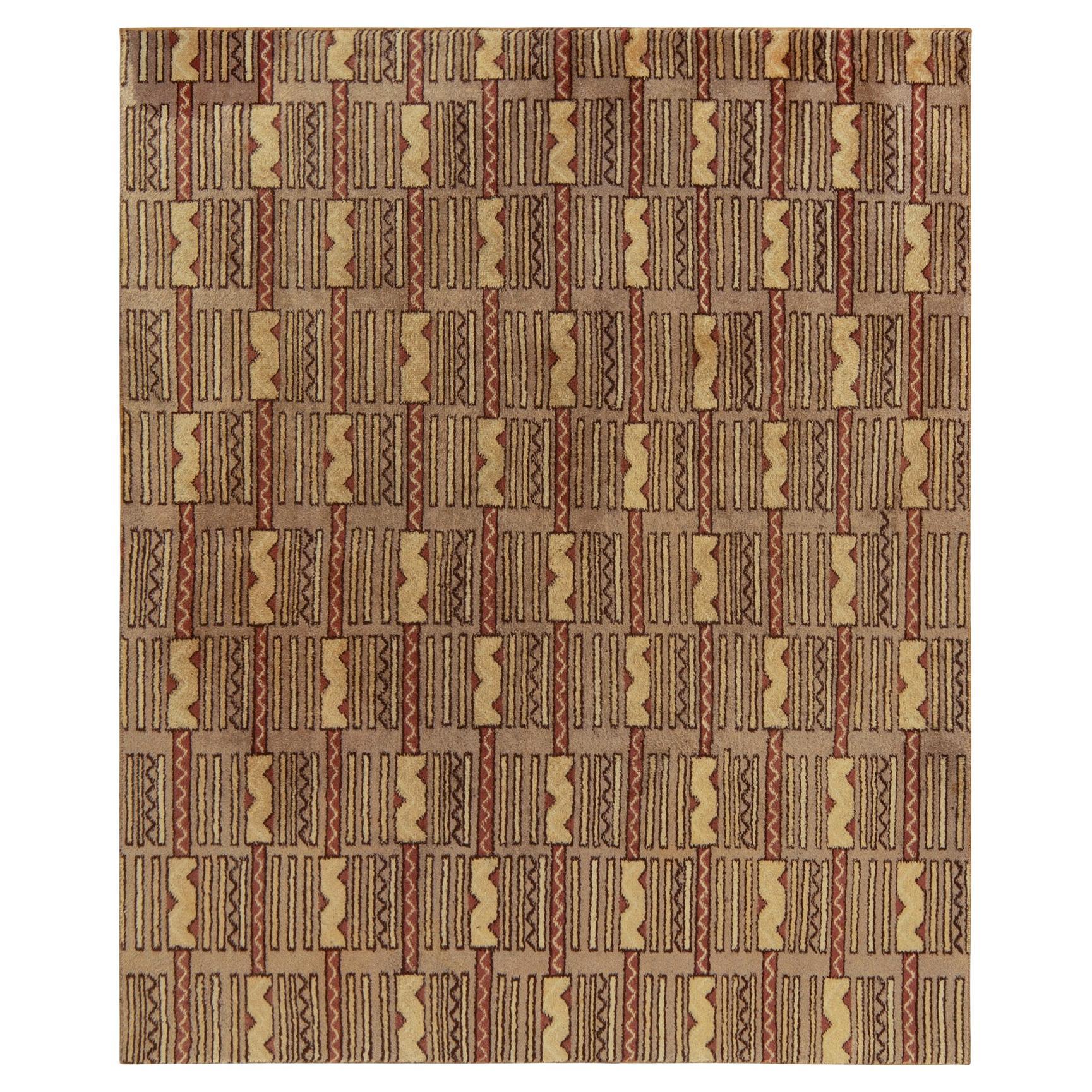 1960s Vintage Deco Rug in Beige-Brown and Red Geometric Pattern by Rug & Kilim For Sale