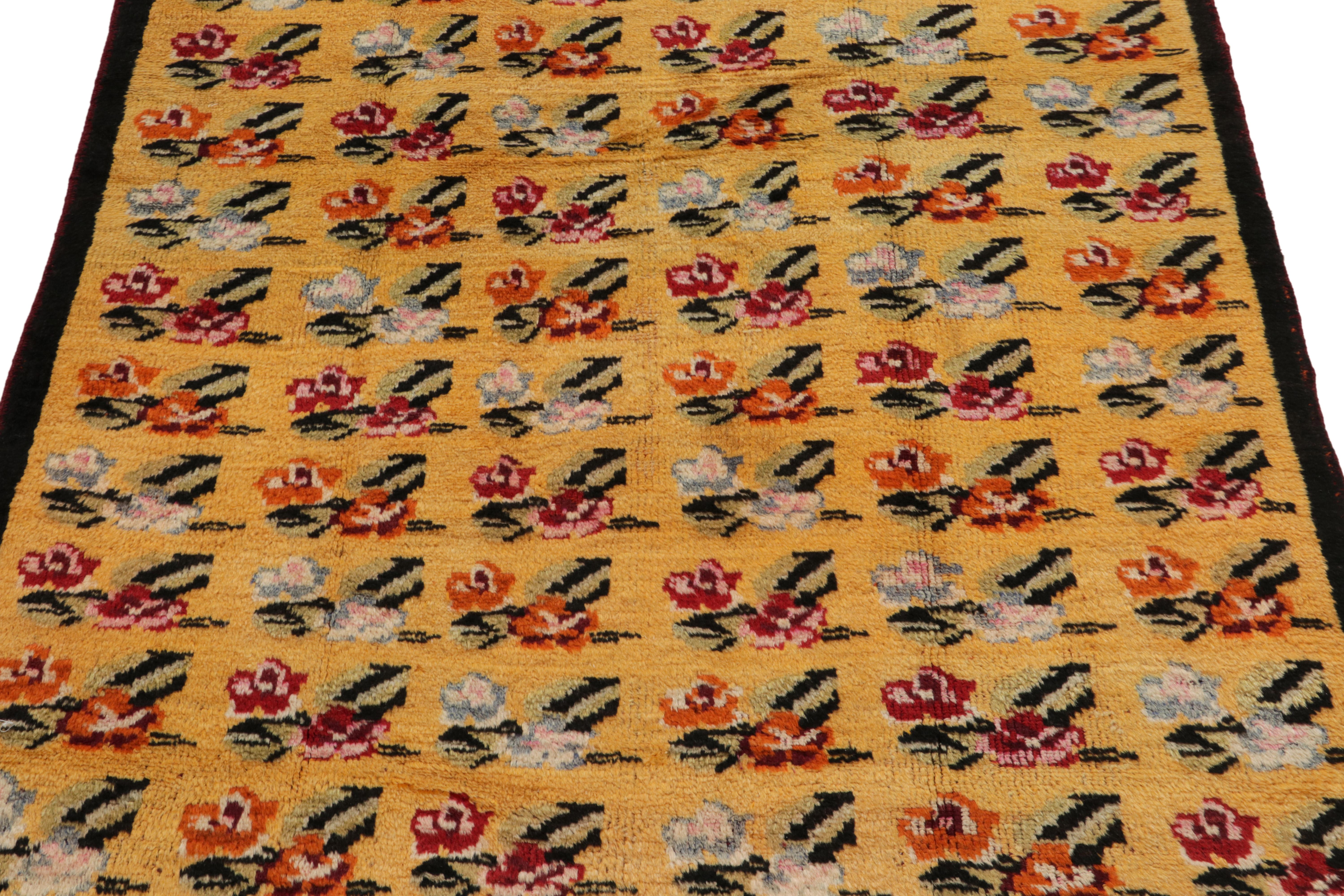 Turkish 1960s Vintage Deco Rug in Gold, Pink-Red All Over Floral Pattern by Rug & Kilim For Sale