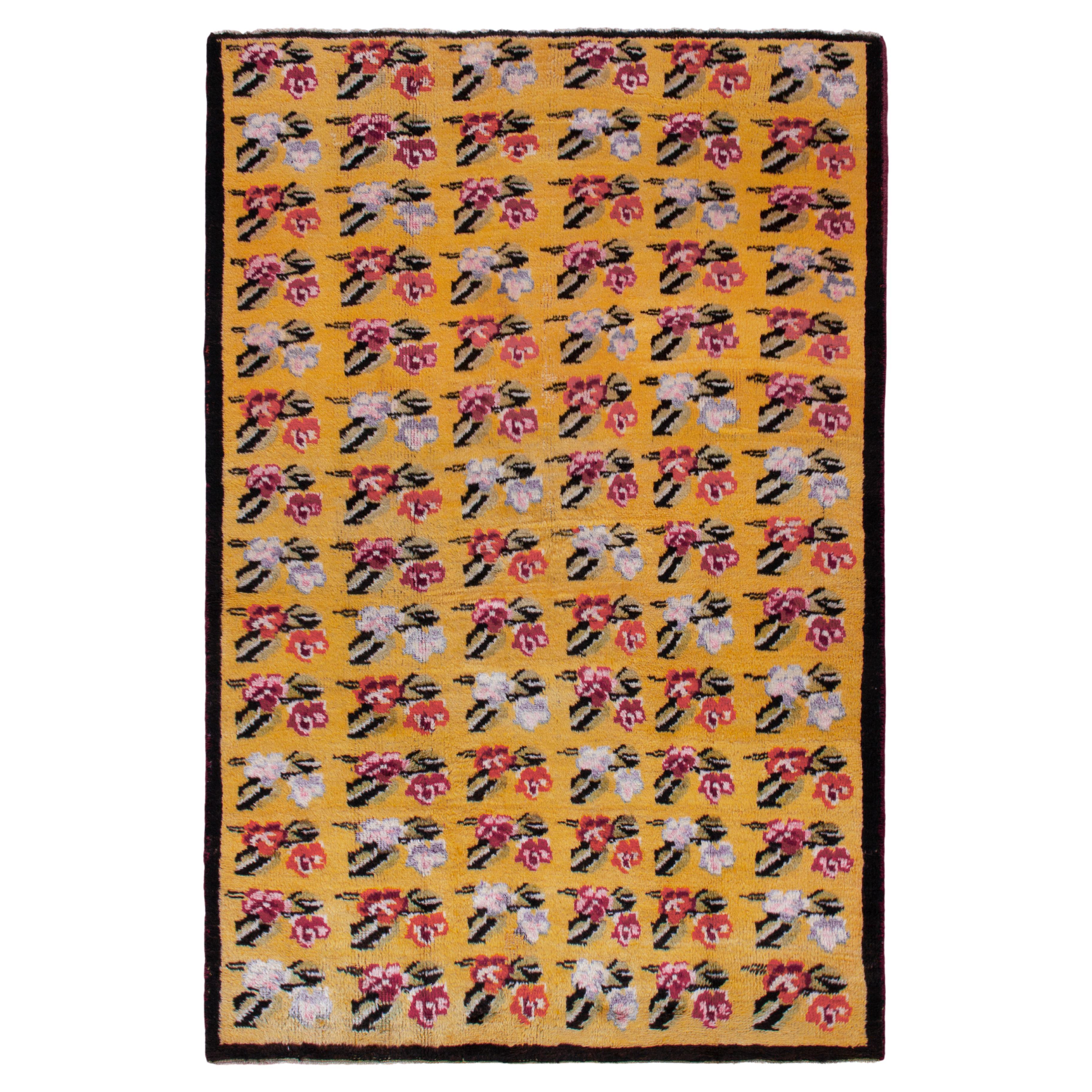 1960s Vintage Deco Rug in Gold, Pink-Red All Over Floral Pattern by Rug & Kilim For Sale