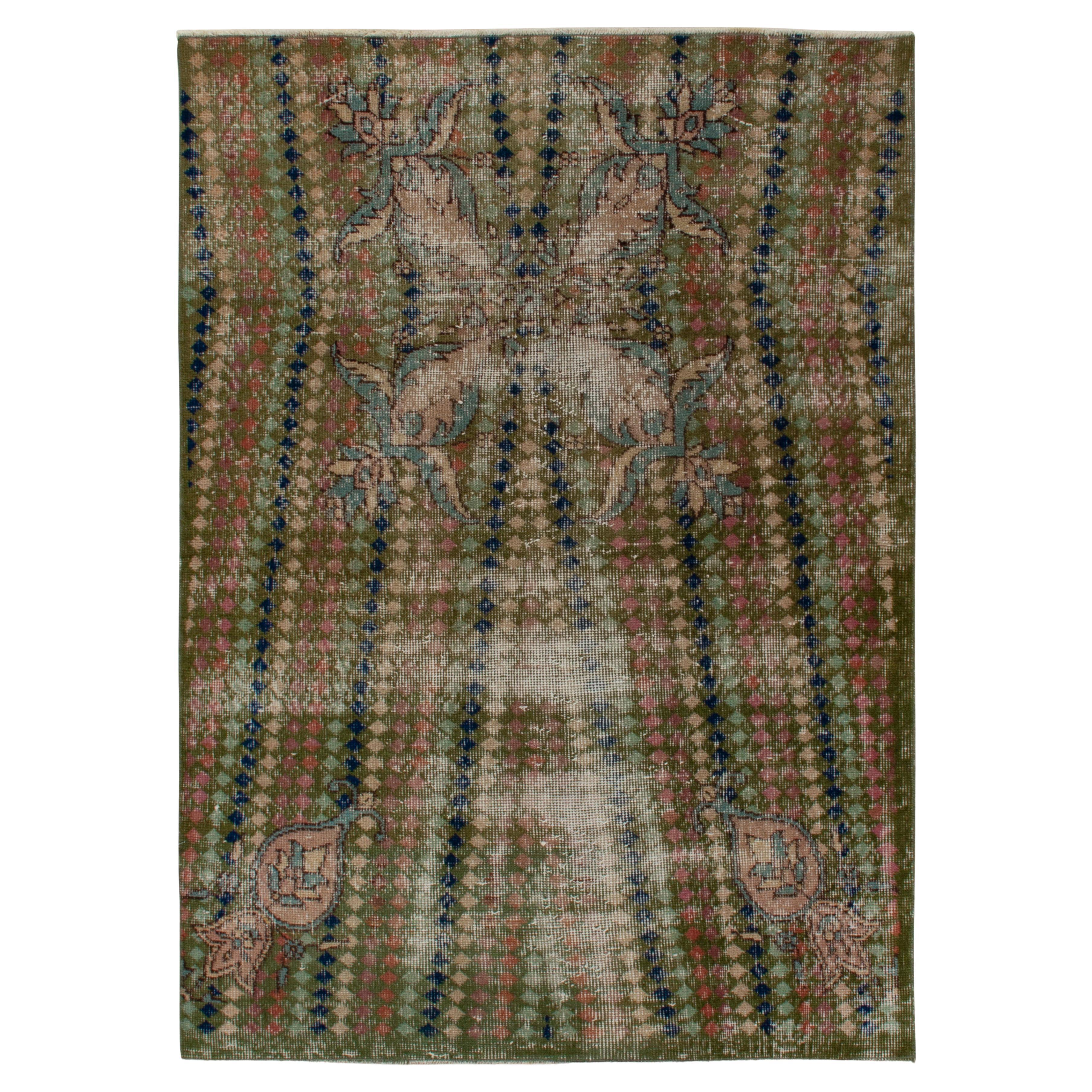 Vintage-Deko-Teppich aus den 1960er Jahren in Grün mit mehrfarbigen geometrischen Mustern von Teppich & Kelim