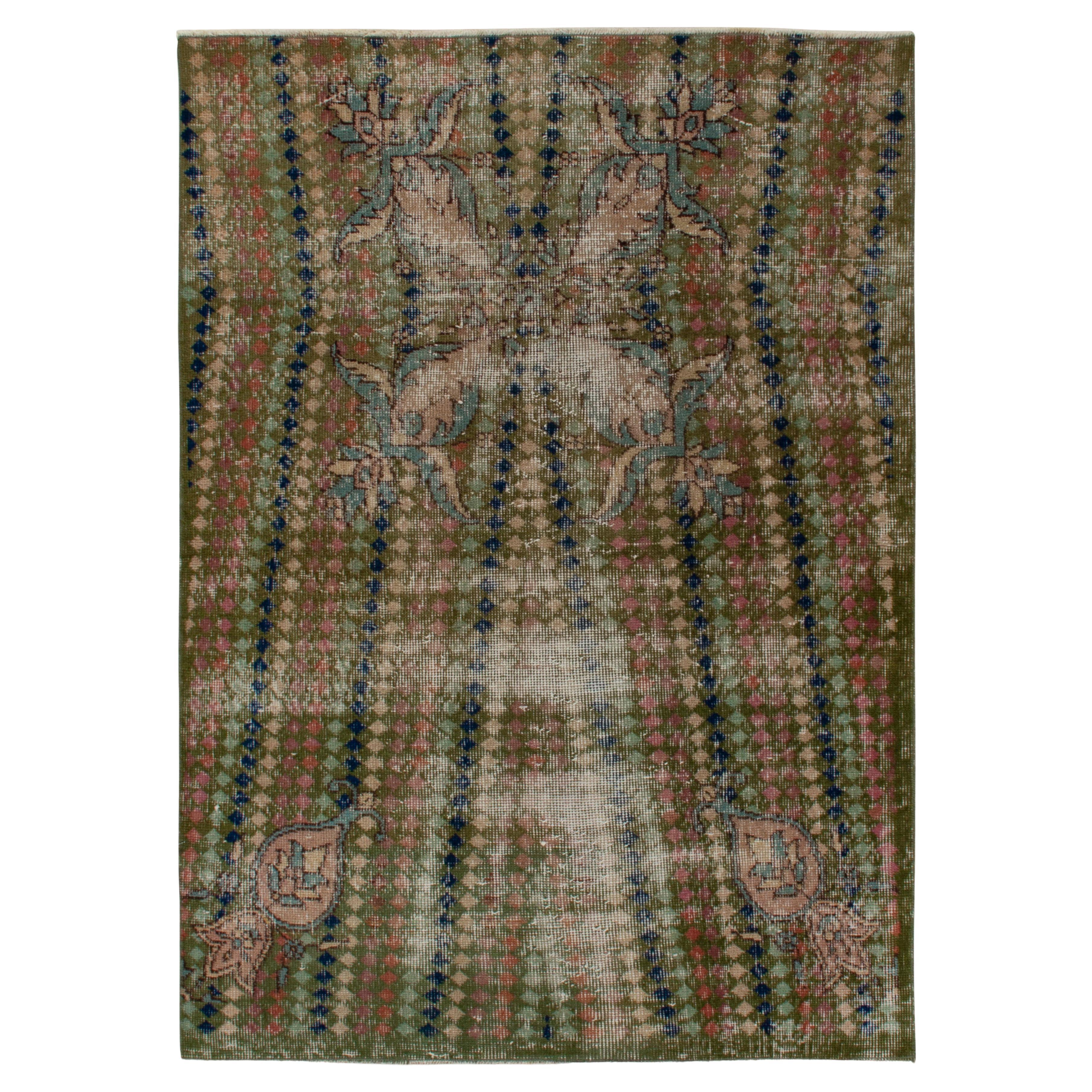 1960s Vintage Deco Rug in Green, Multicolor Geometric Patterns by Rug & Kilim