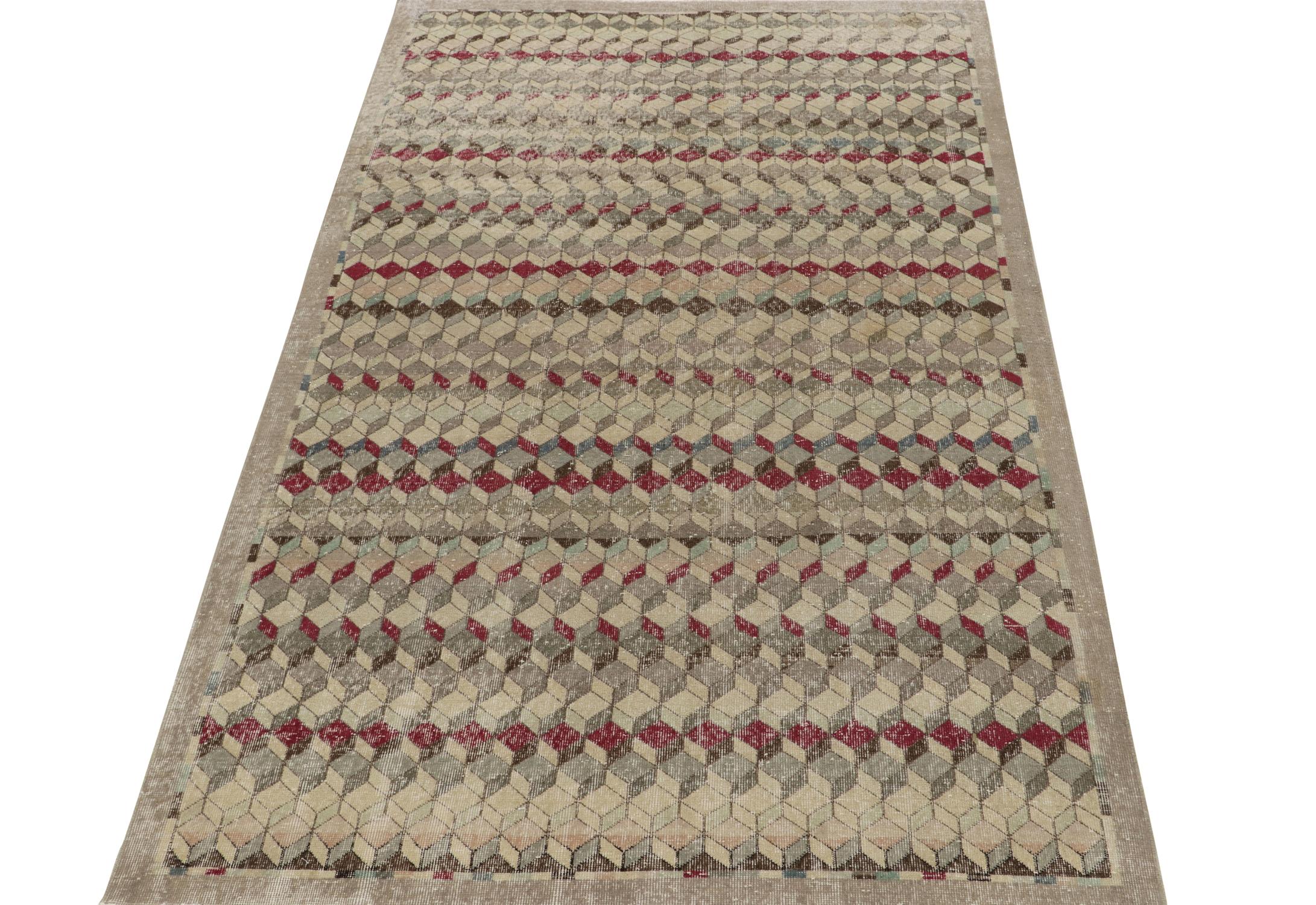 Art Deco 1960s Vintage Deco Rug in Greige, Green & Red Geometric Pattern by Rug & Kilim For Sale