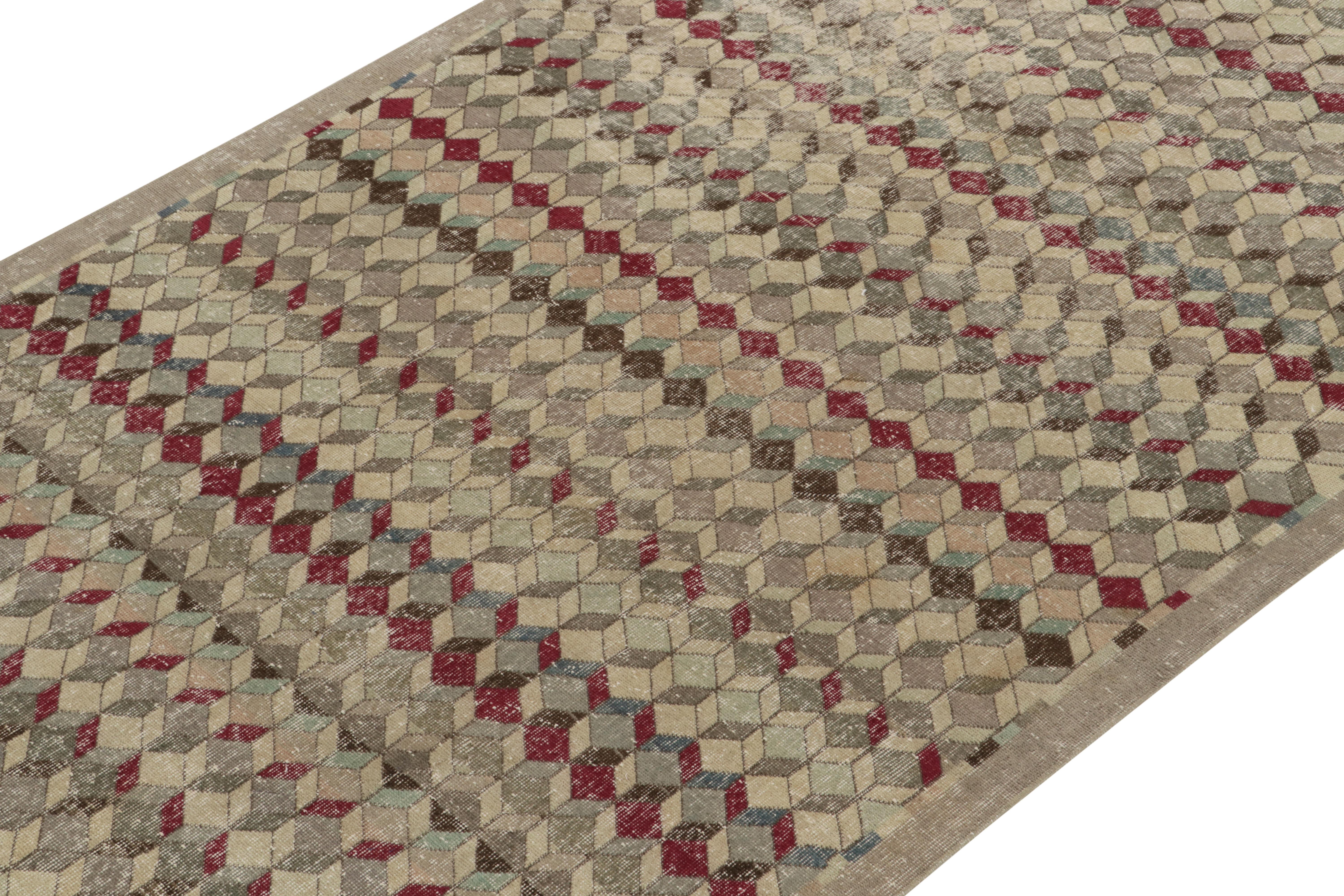 Turkish 1960s Vintage Deco Rug in Greige, Green & Red Geometric Pattern by Rug & Kilim For Sale