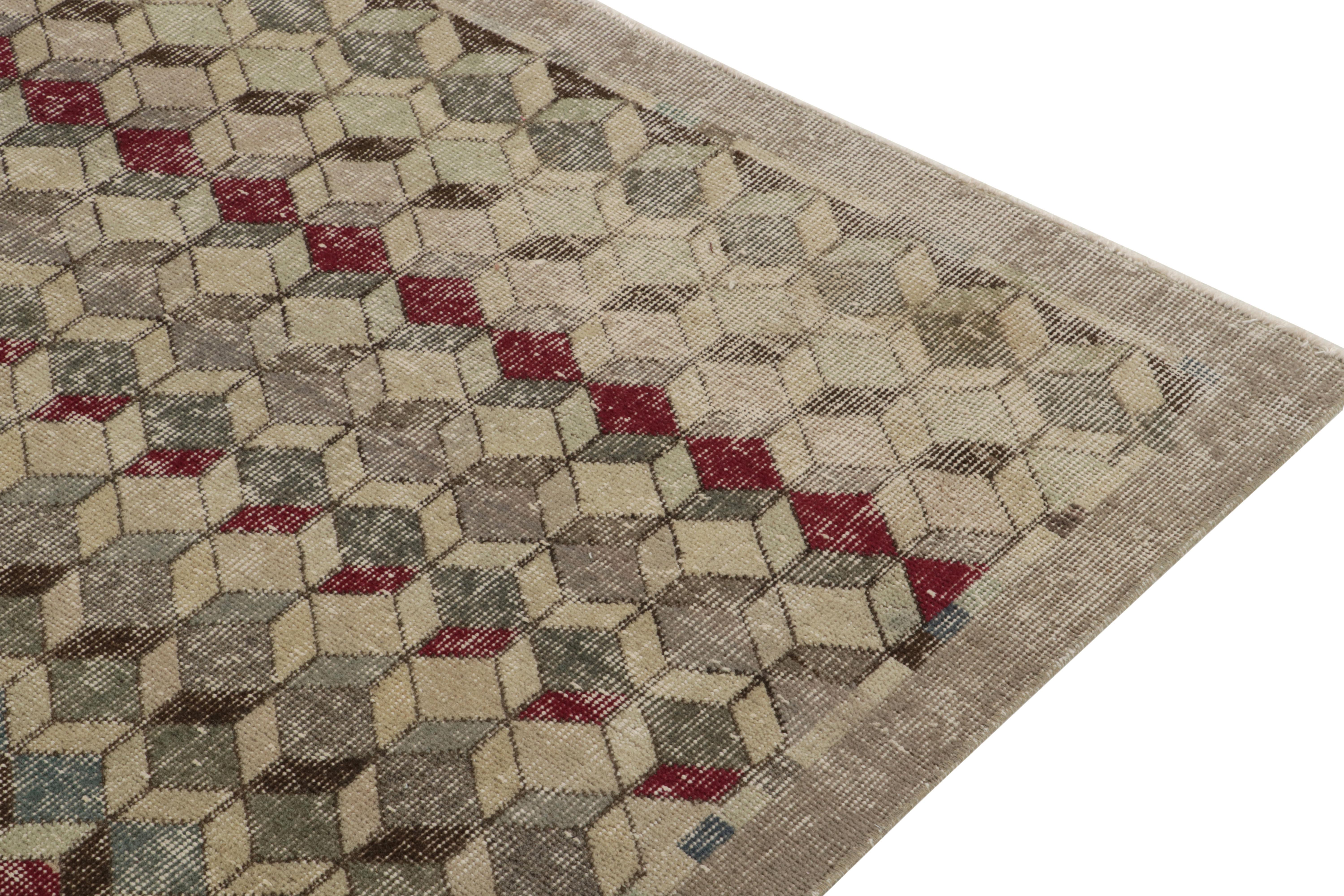 Hand-Knotted 1960s Vintage Deco Rug in Greige, Green & Red Geometric Pattern by Rug & Kilim For Sale