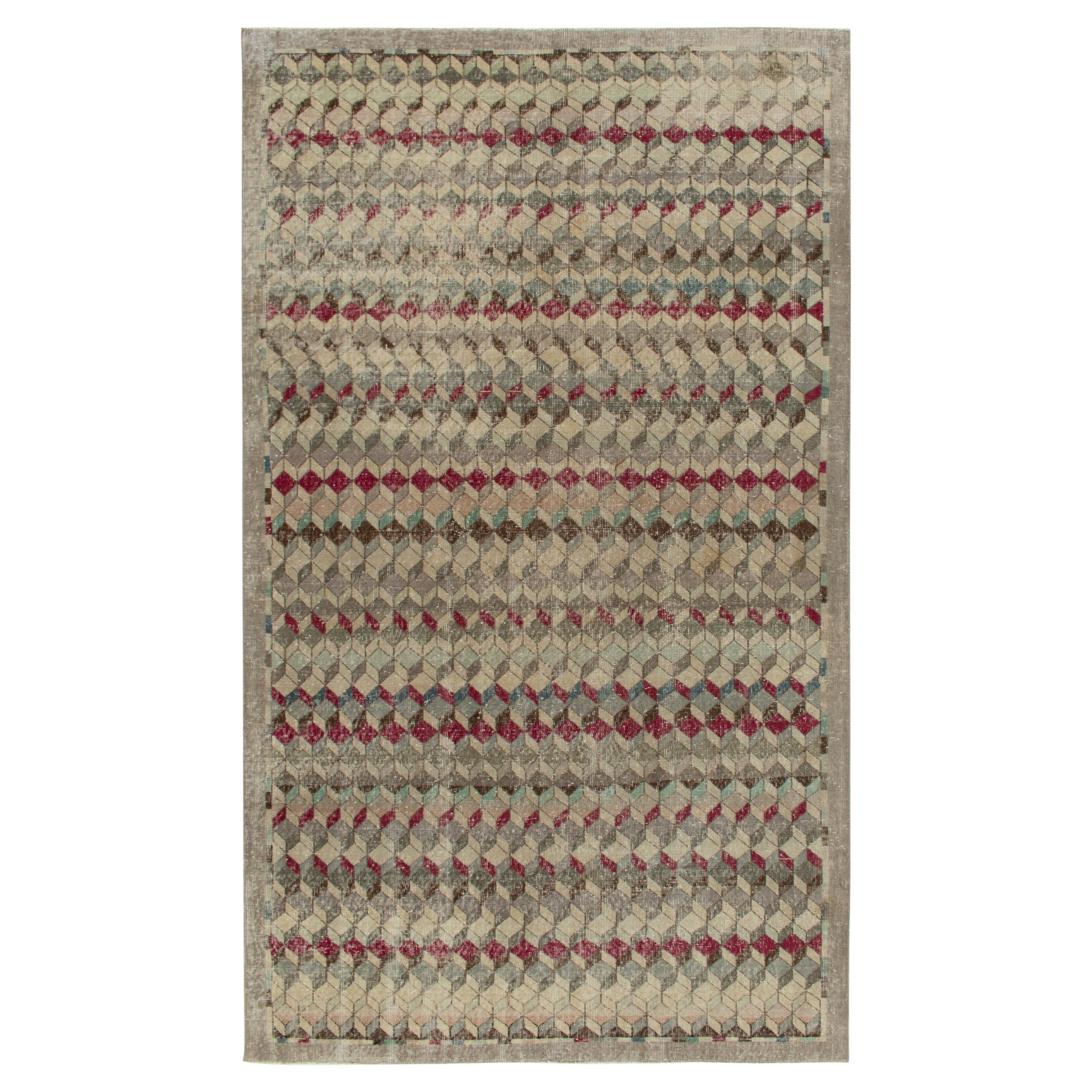 1960s Vintage Deco Rug in Greige, Green & Red Geometric Pattern by Rug & Kilim For Sale