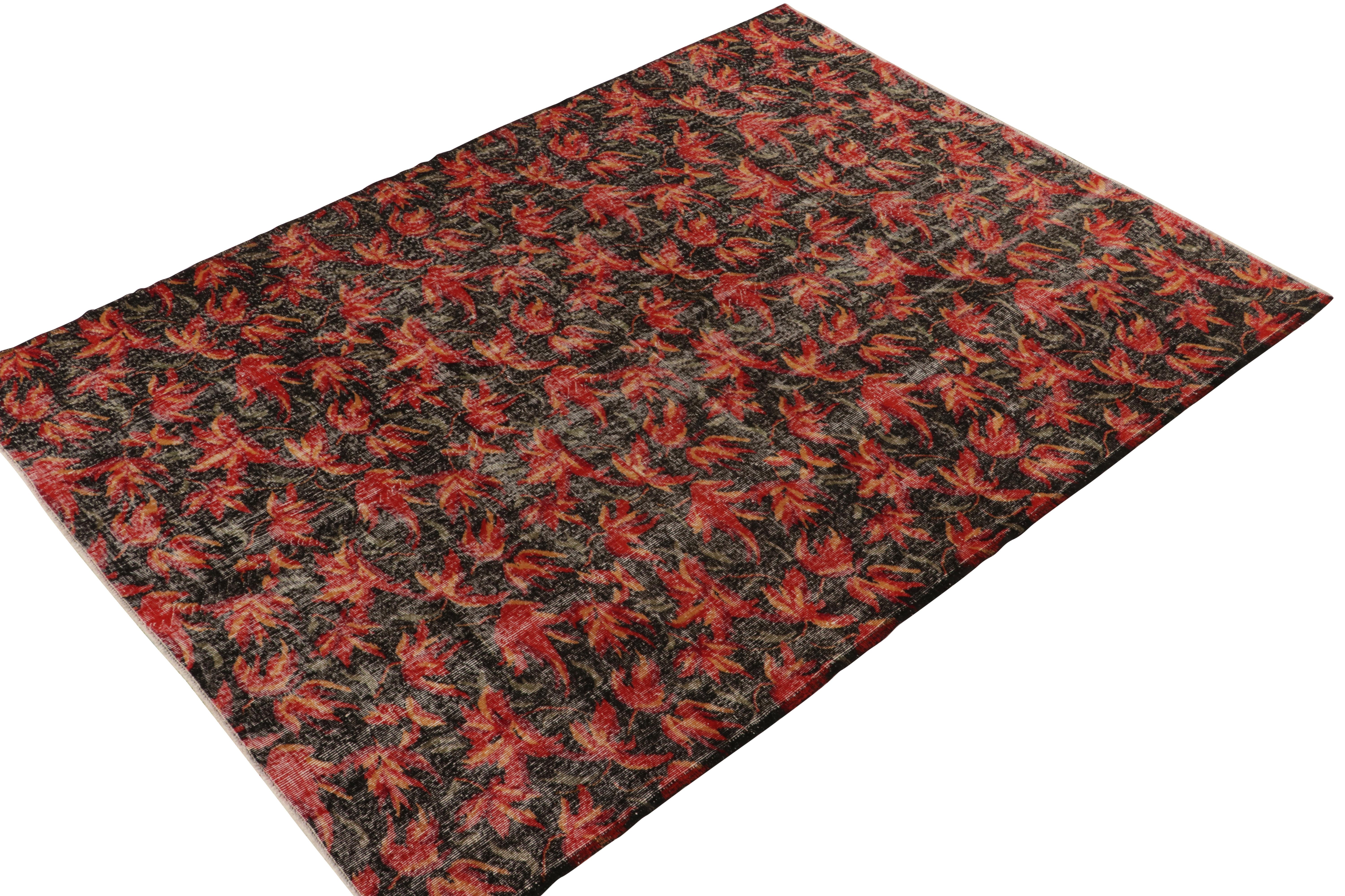 Art Deco 1960s Vintage Deco Rug in Red and Black Distressed Floral Pattern by Rug & Kilim For Sale