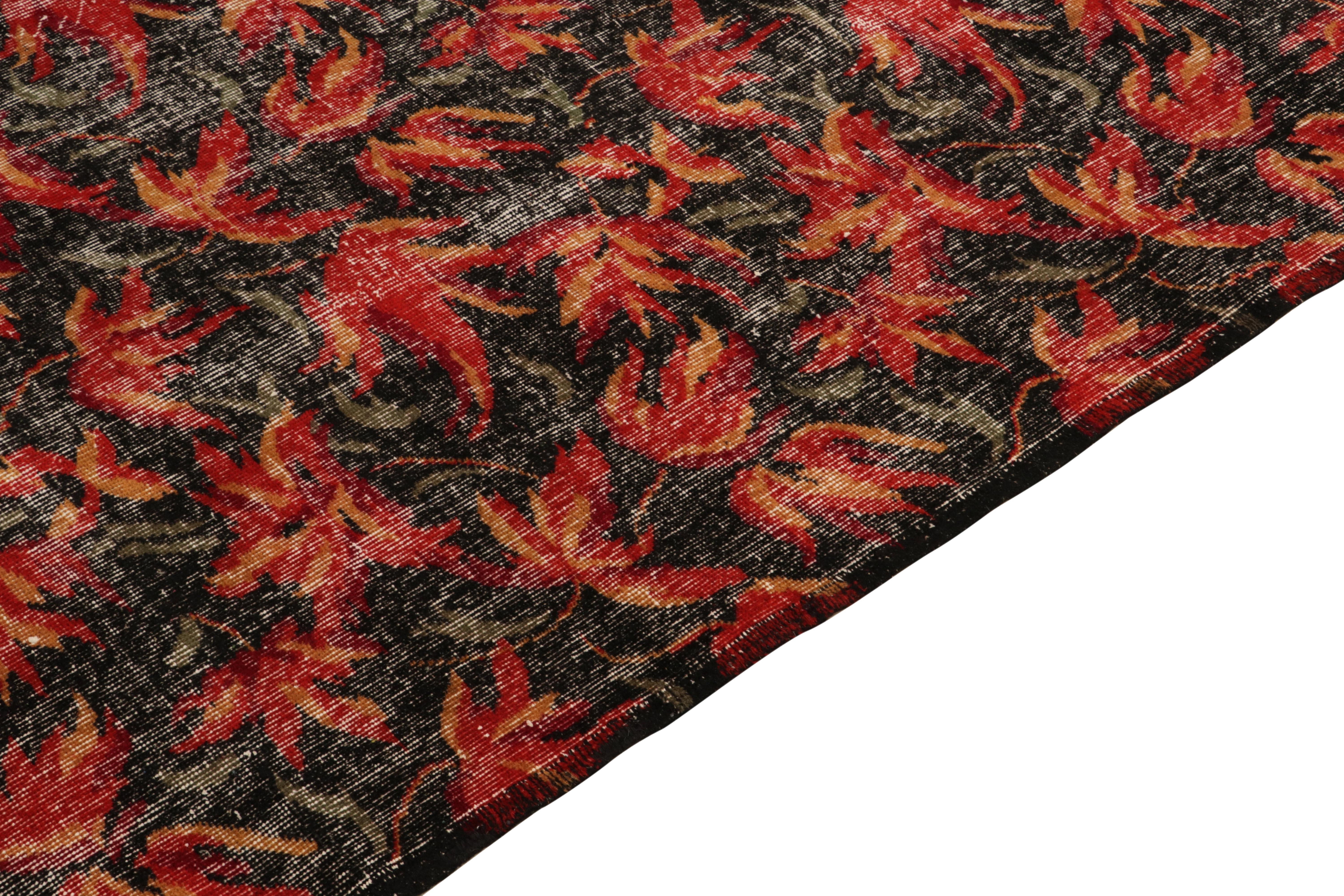 Turkish 1960s Vintage Deco Rug in Red and Black Distressed Floral Pattern by Rug & Kilim For Sale