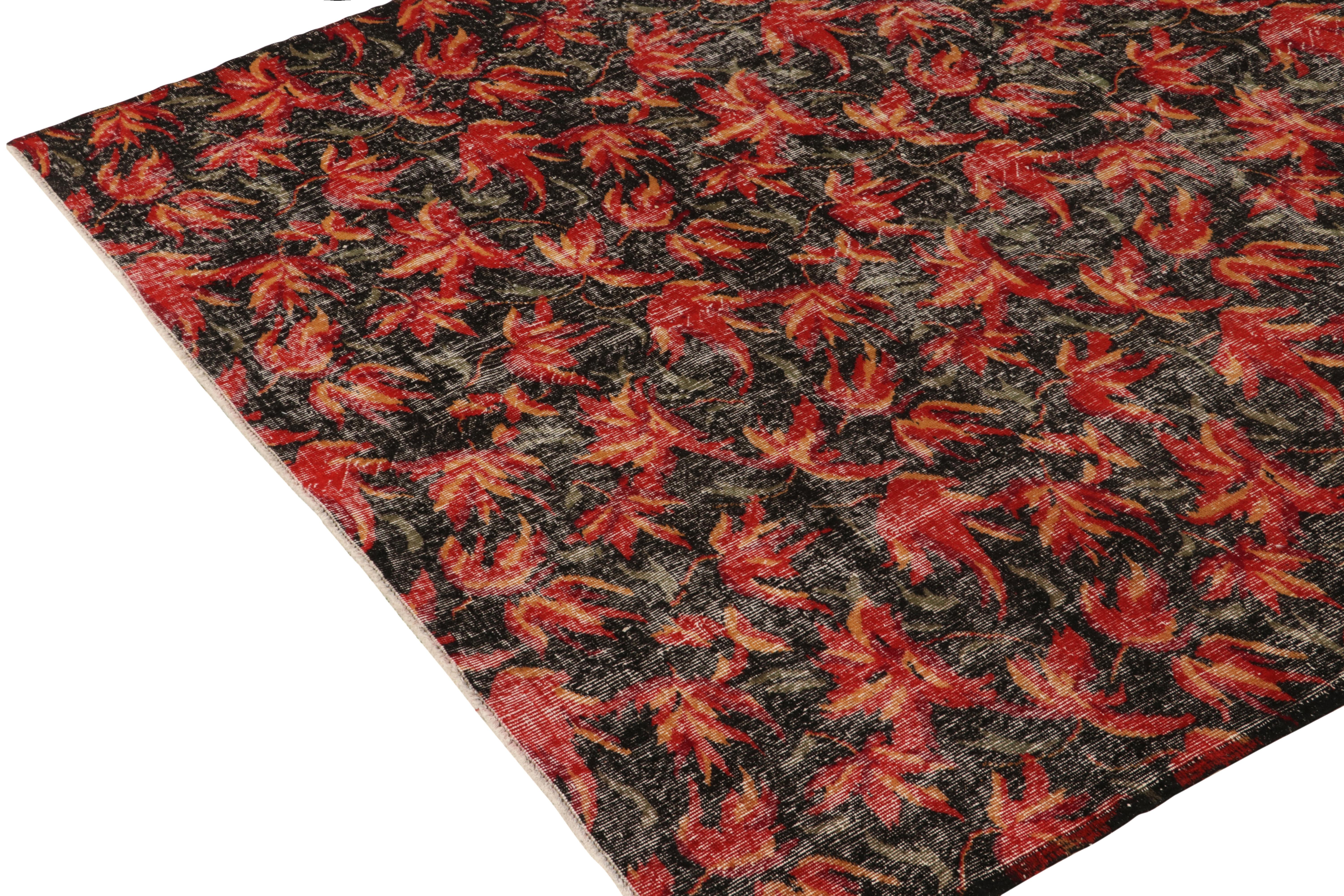 Hand-Knotted 1960s Vintage Deco Rug in Red and Black Distressed Floral Pattern by Rug & Kilim For Sale