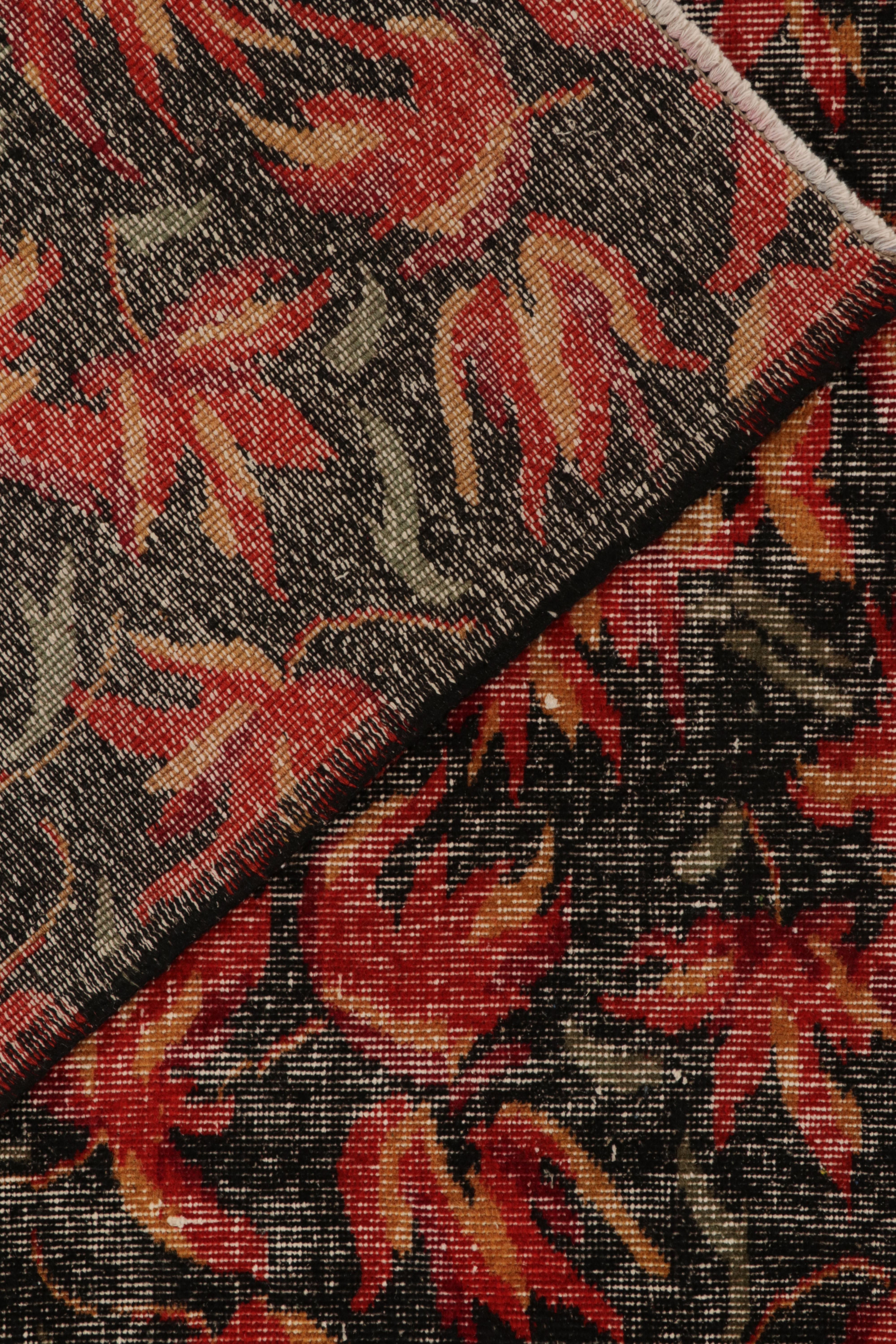 1960s Vintage Deco Rug in Red and Black Distressed Floral Pattern by Rug & Kilim In Good Condition For Sale In Long Island City, NY