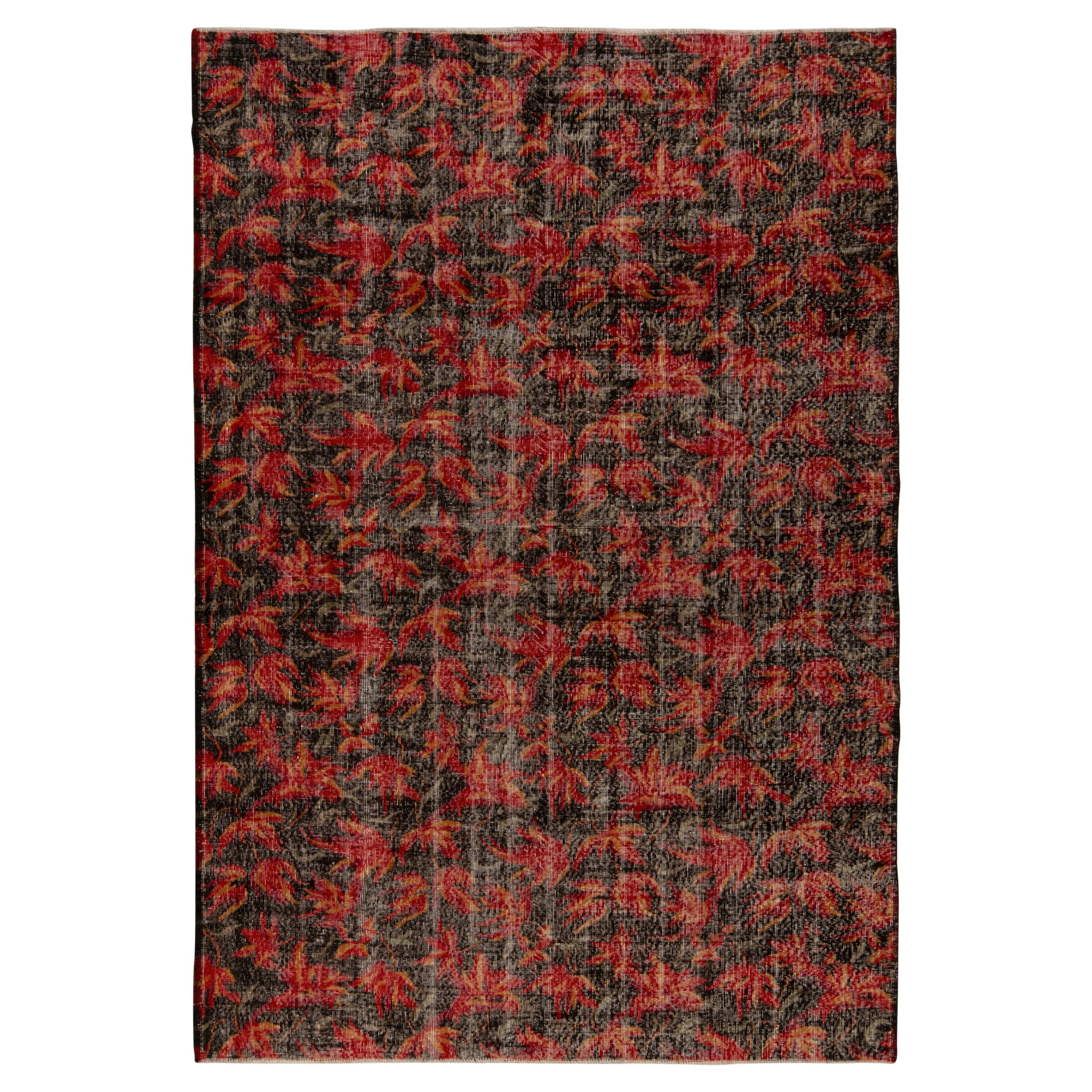 1960s Vintage Deco Rug in Red and Black Distressed Floral Pattern by Rug & Kilim For Sale